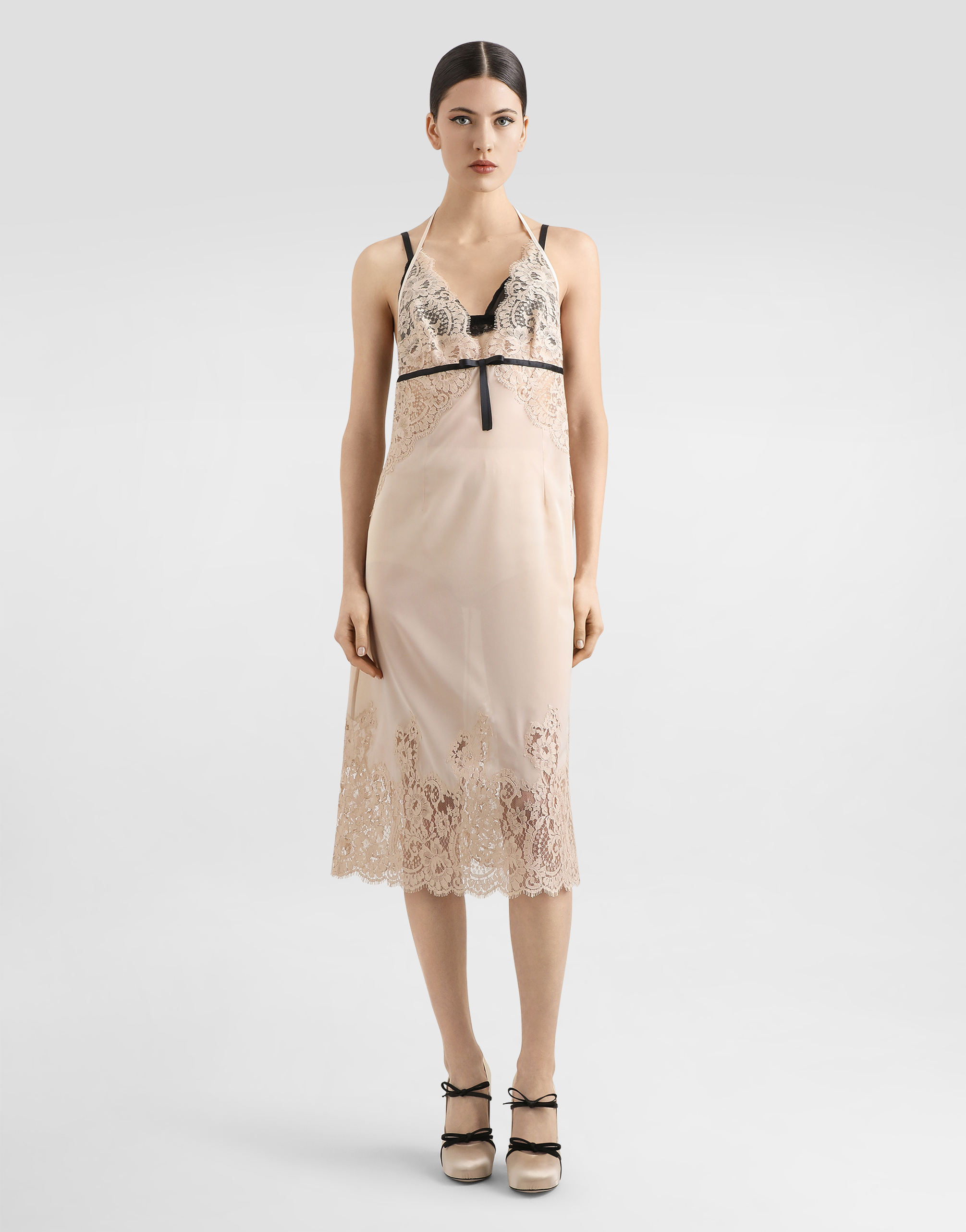 Dolce & Gabbana Georgette Slip Dress With Lace Details In Beige