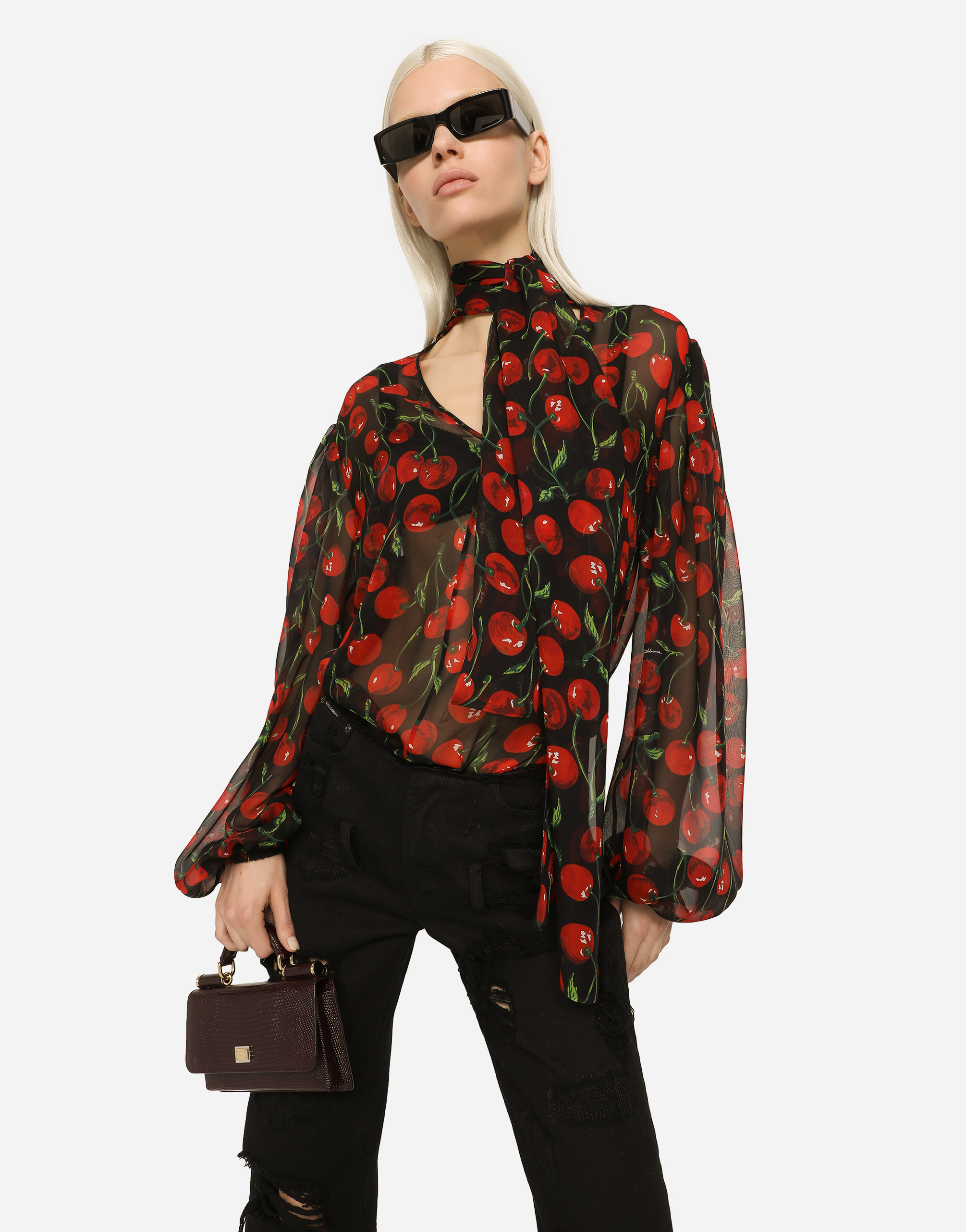 DOLCE & GABBANA CHERRY-PRINT CHIFFON PUSSY-BOW BLOUSE