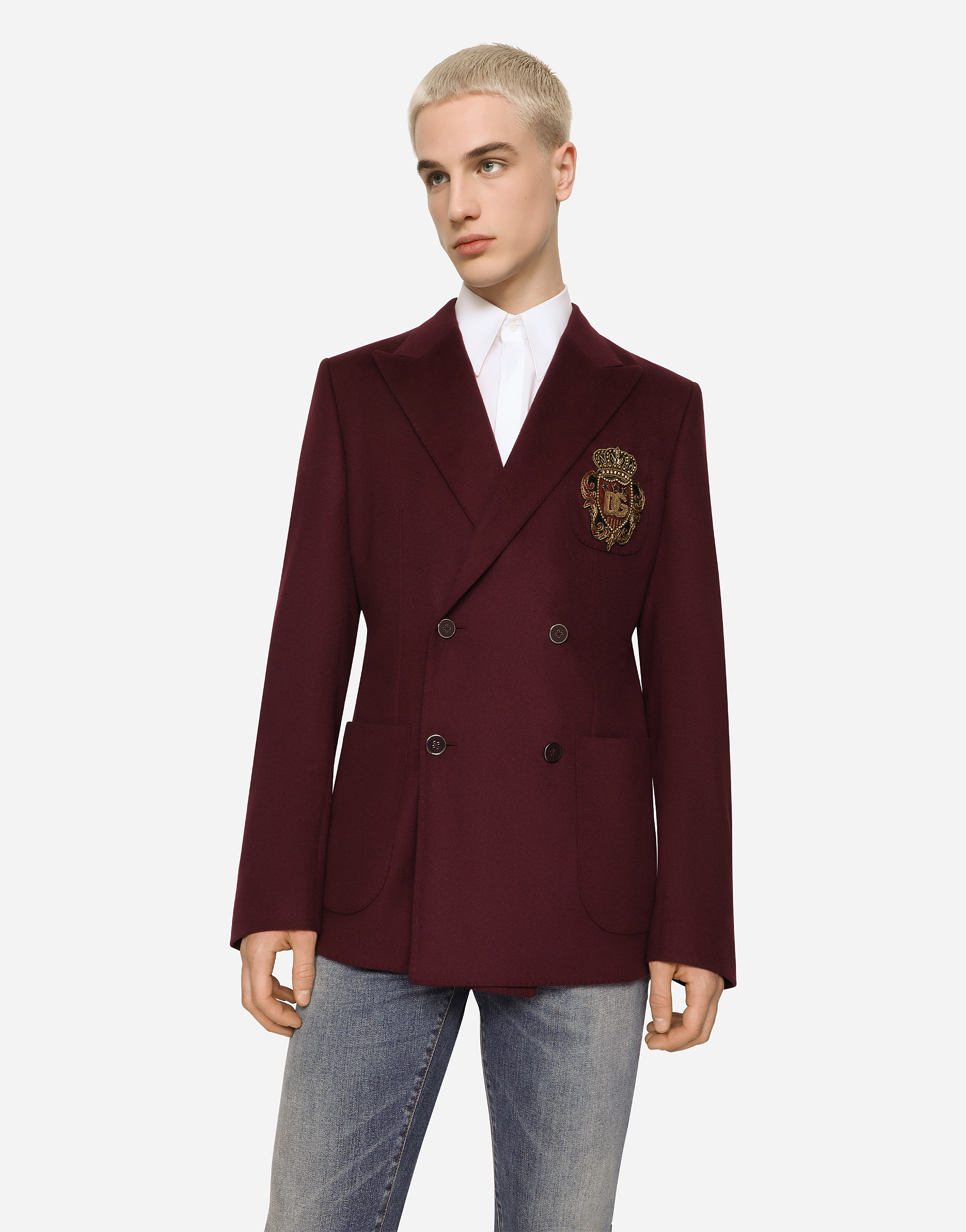 Dolce & Gabbana Double-breasted Wool And Cashmere Jacket With Dg Patch In Multicolor