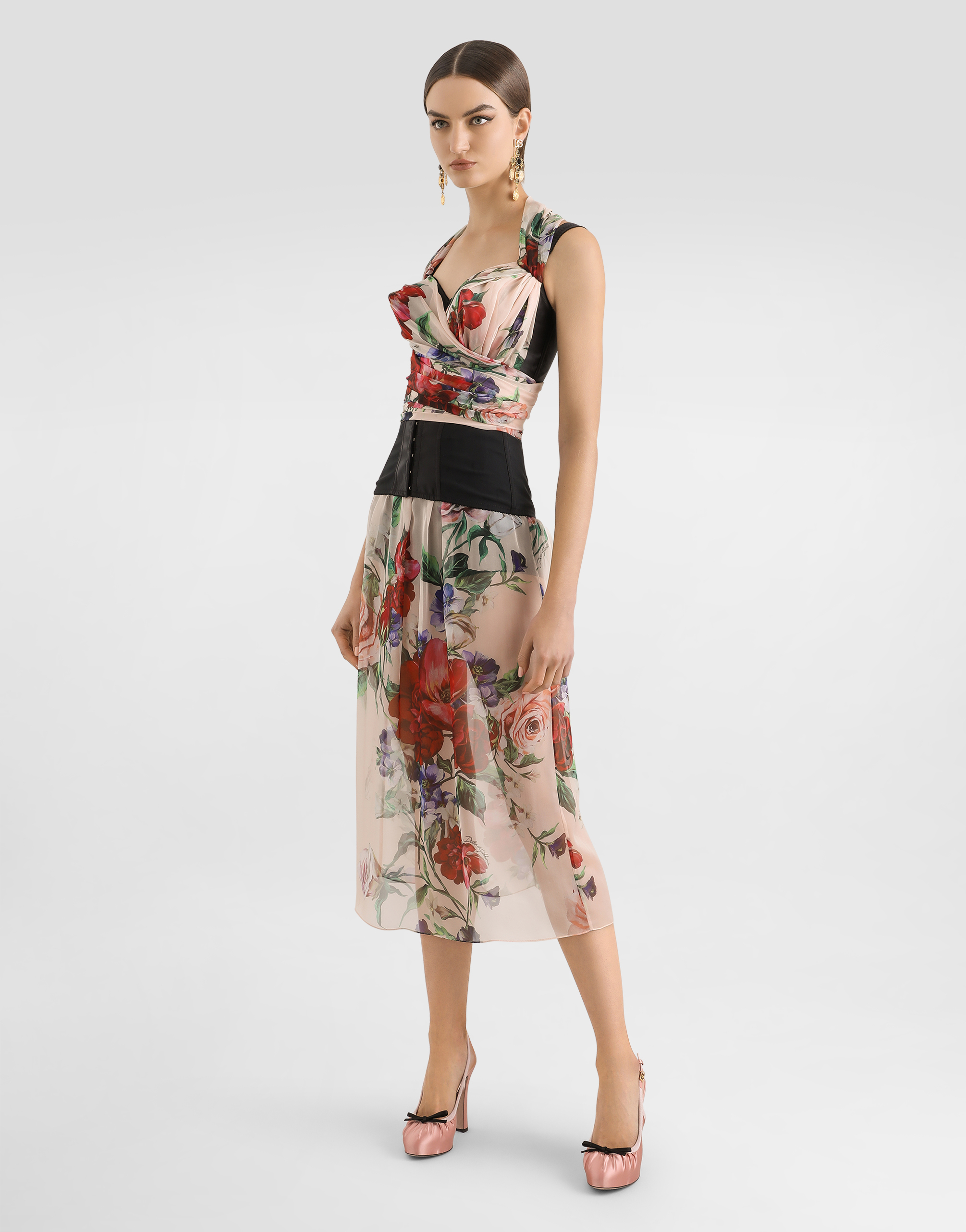 Dolce & Gabbana Rose Red Top With Halterneck Tie Fastening In Print