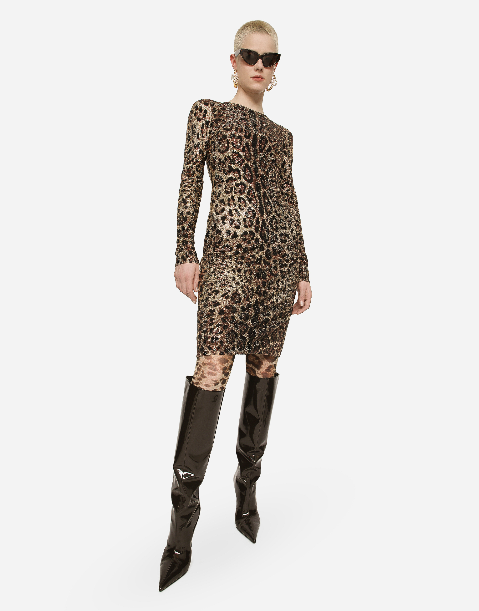 DOLCE & GABBANA LEOPARD-PRINT JERSEY MIDI DRESS WITH FUSIBLE RHINESTONES