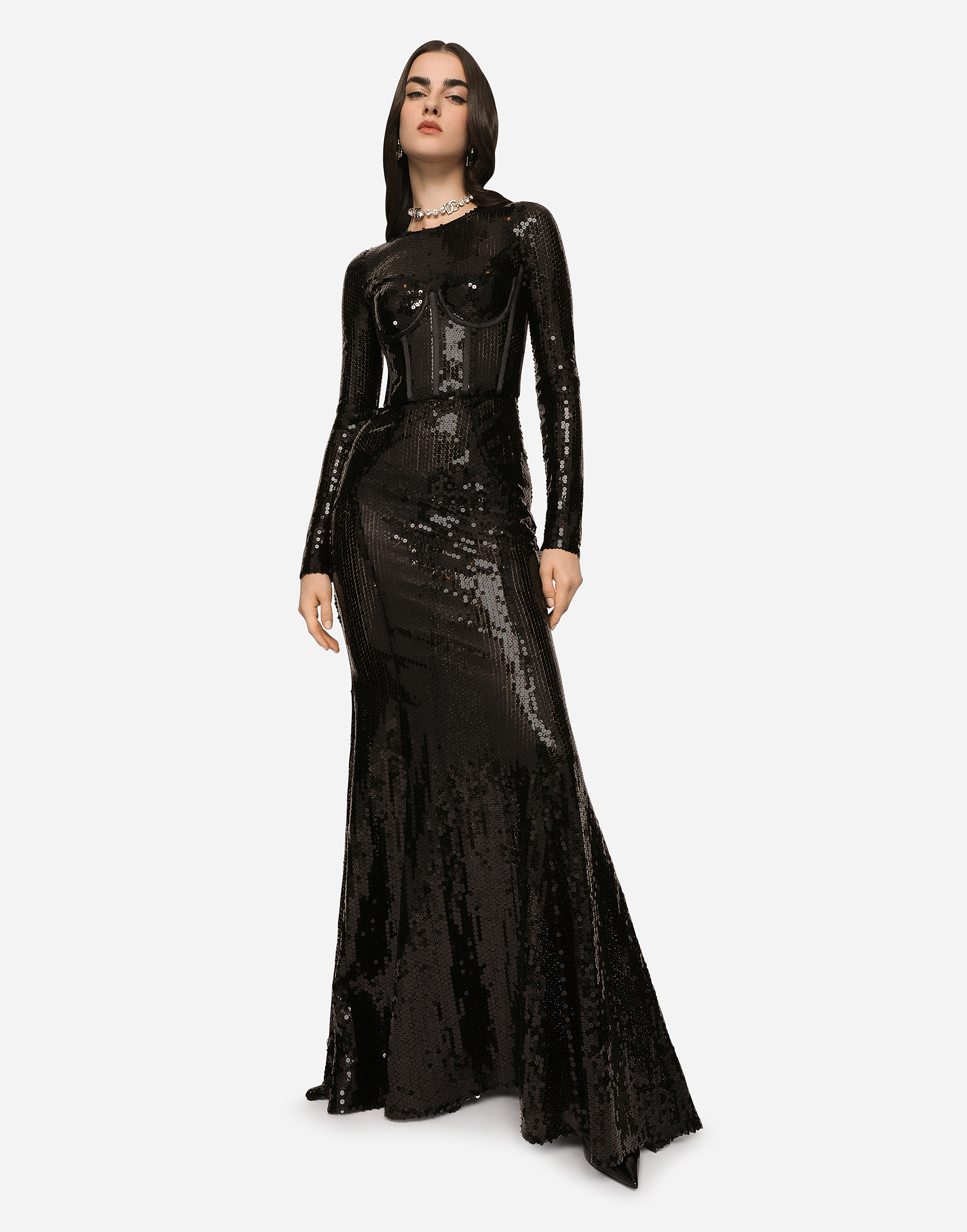 Shop Dolce & Gabbana Long Sequined Dress With Corset Detailing In Black