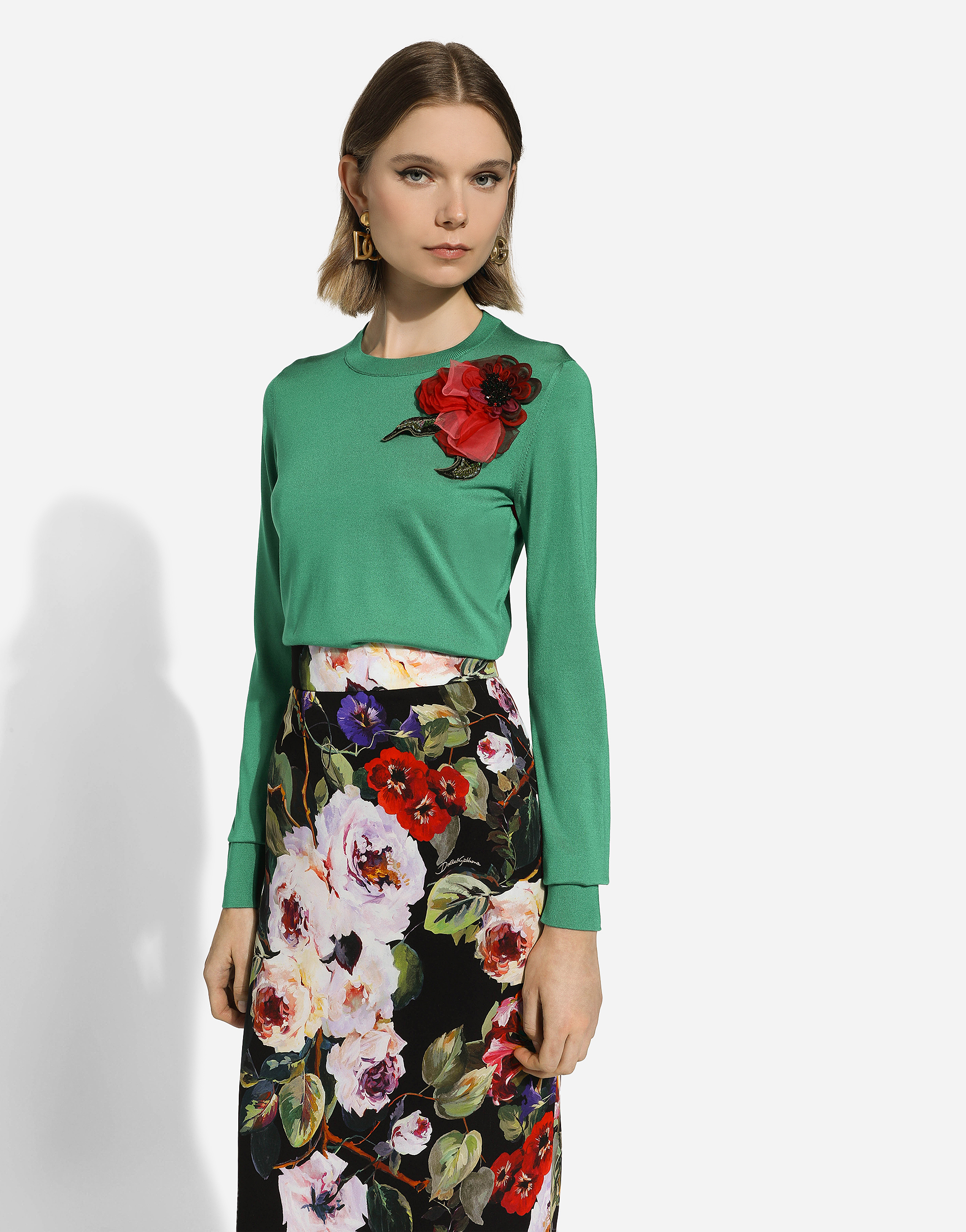 Shop Dolce & Gabbana Silk Sweater With Flower Appliqué In Green