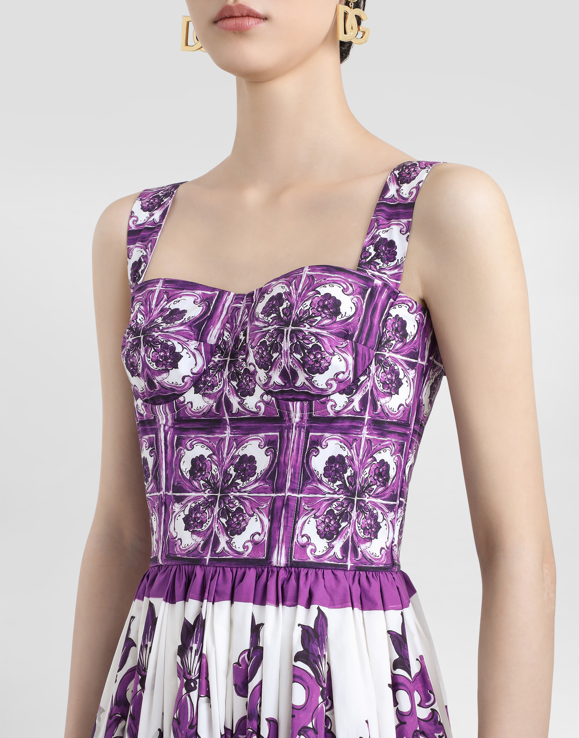 Dolce & Gabbana Women Cotton Midi Dress With Maiolica Print In Purple