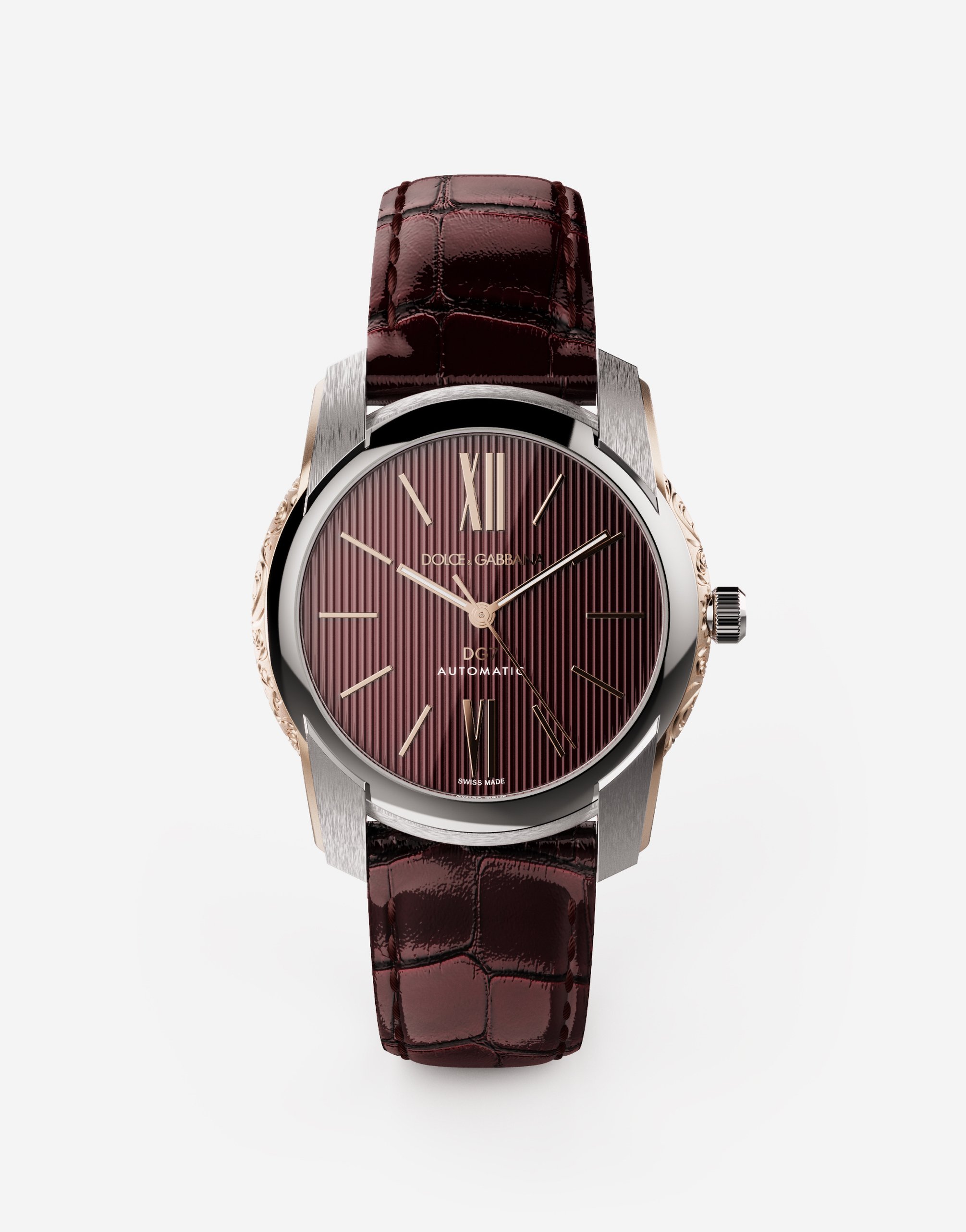 Dolce & Gabbana Dg7 Watch In Steel With Engraved Side Decoration In Gold In Burgundy