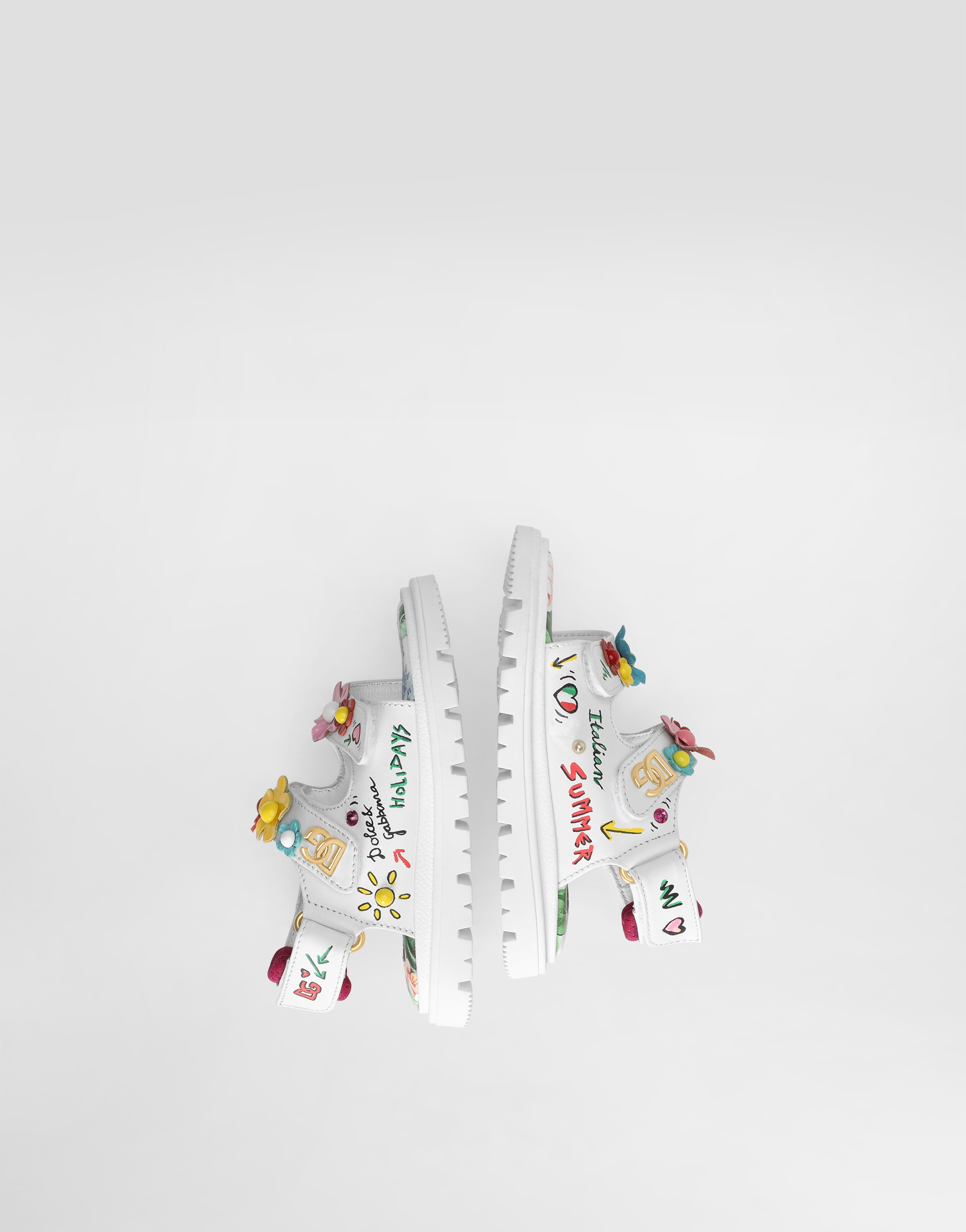 Printed calfskin sandals with flowers and DG logo
