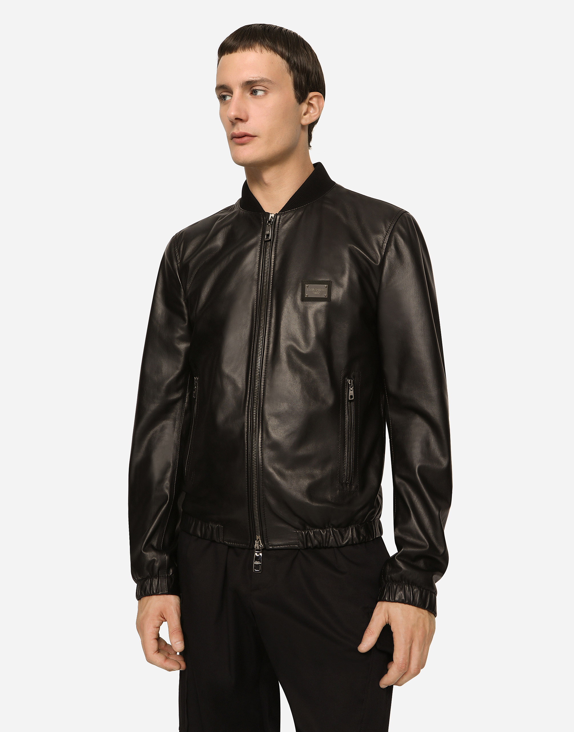 Shop Dolce & Gabbana Leather Jacket With Branded Tag In Black