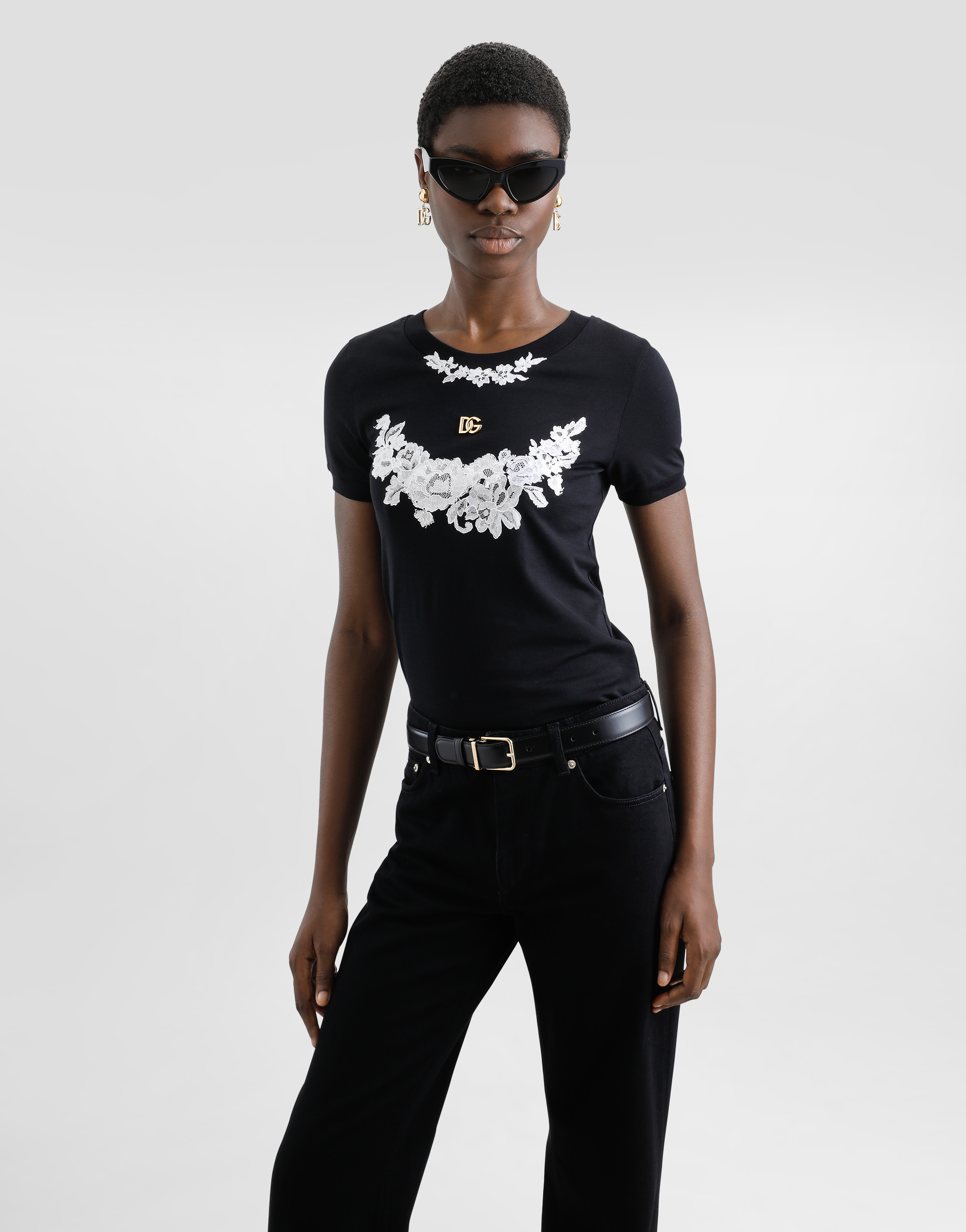 Dolce & Gabbana Jersey T-shirt With Dg Logo And Lace Details In Black