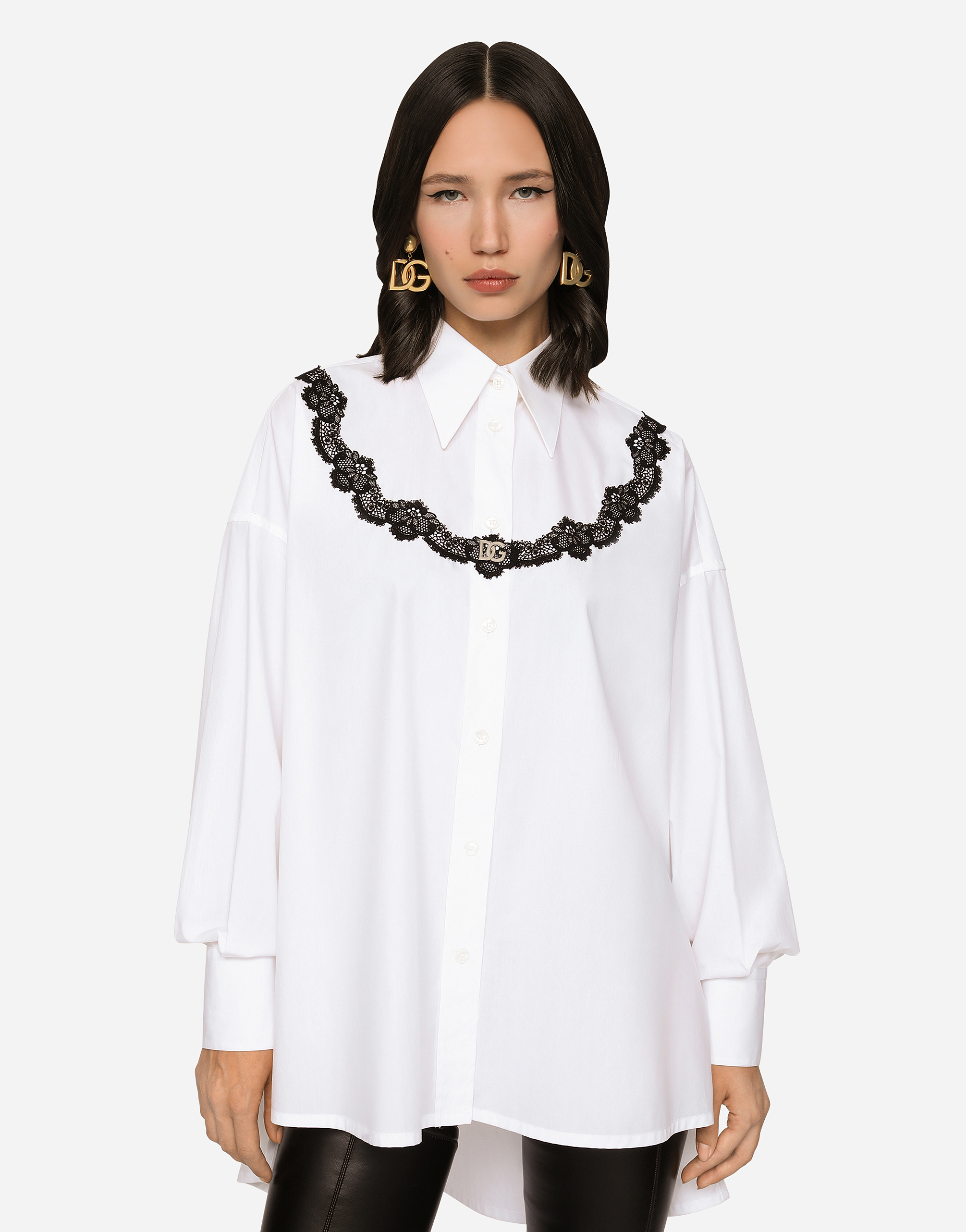Dolce & Gabbana Dolce&gabbana Oversize Lace Yoke High-low Cotton Blend Button-up Shirt In White