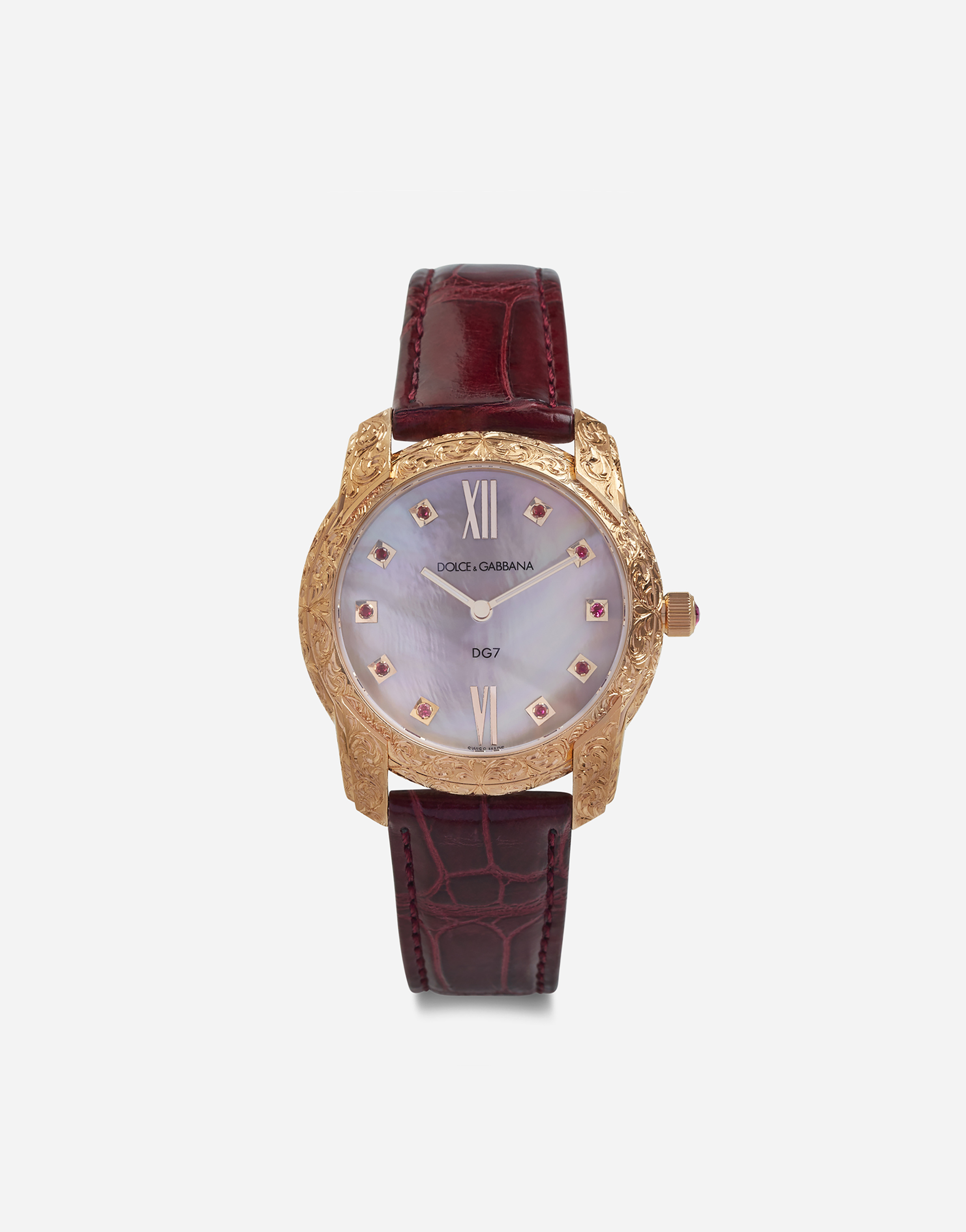 Dolce & Gabbana Dg7 Gattopardo Watch In Red Gold With Pink Mother Of Pearl And Rubies In Burgundy