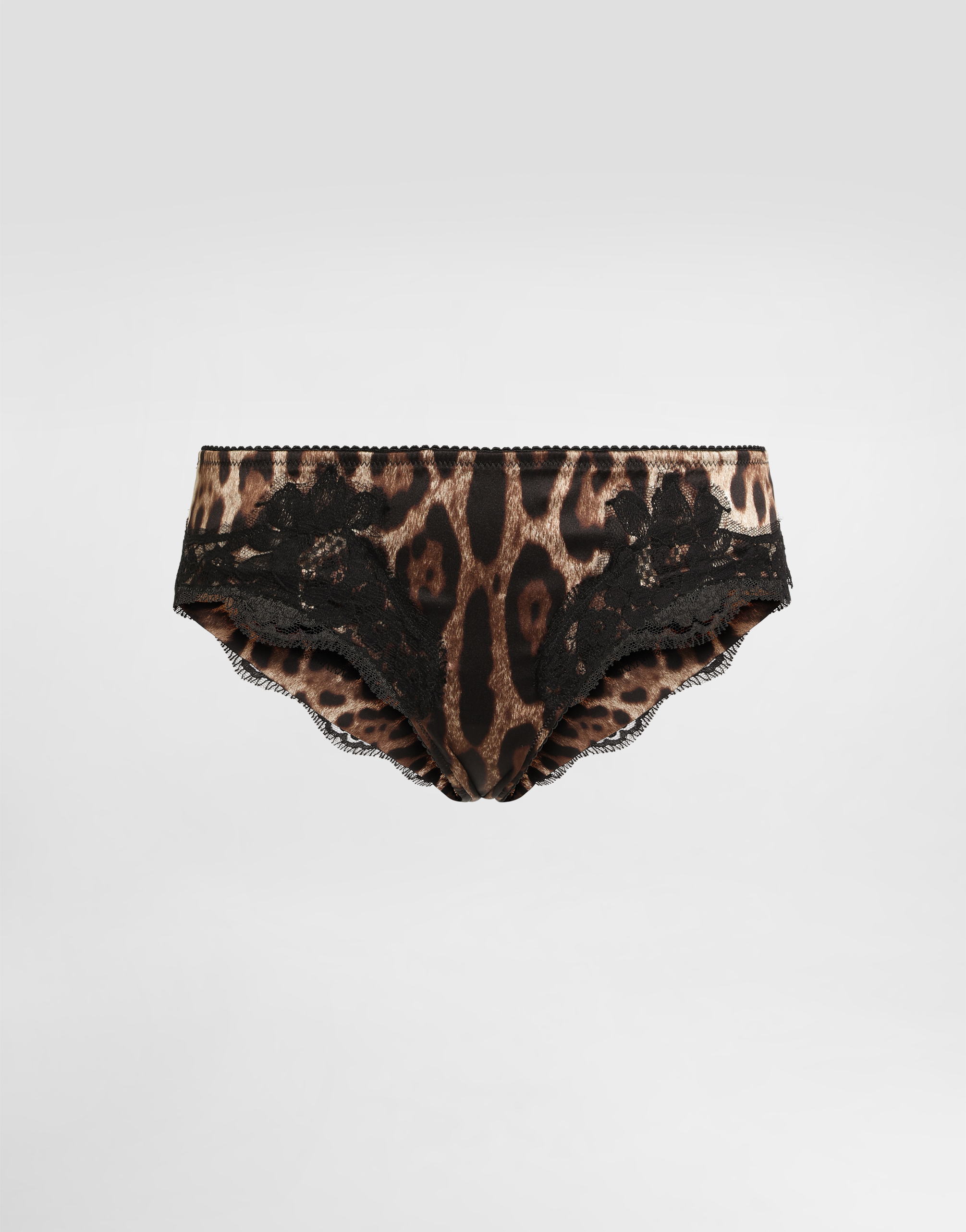 Leopard-print satin briefs with lace detailing
