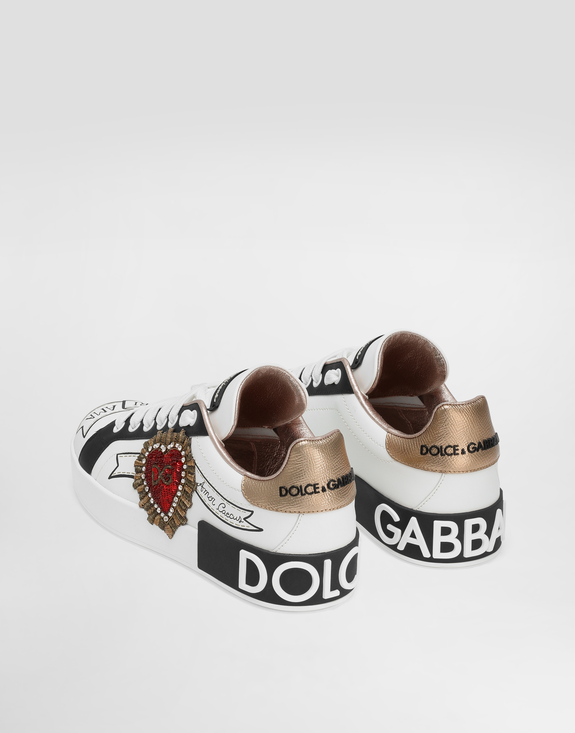 Dolce & Gabbana Printed Calfskin Nappa Portofino Sneakers With Embroidery - Woman Sneakers White Leather 39.5 