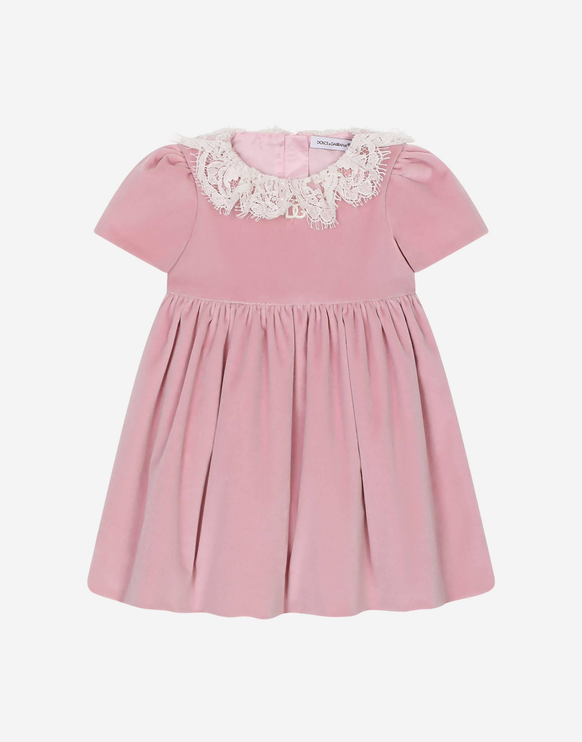 DOLCE & GABBANA SHORT-SLEEVED VELVET DRESS WITH LACE COLLAR