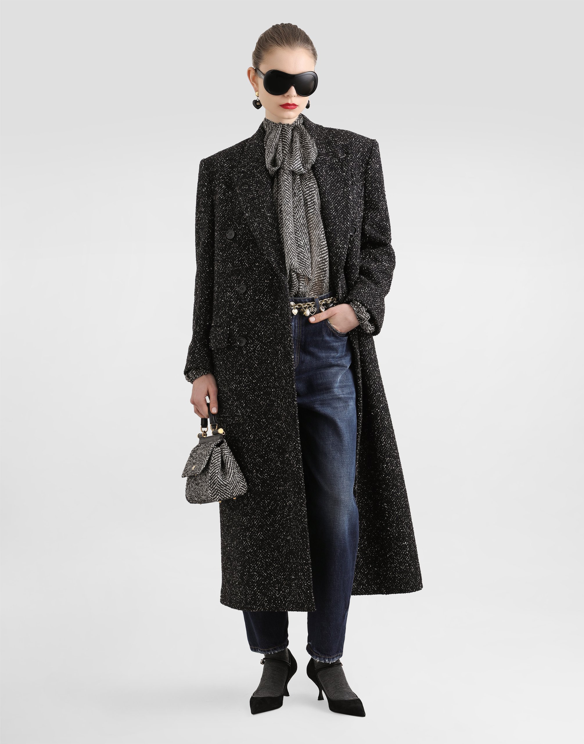 Dolce & Gabbana Oversized Double-breasted Coat In Wool Blend Chevron In Gray