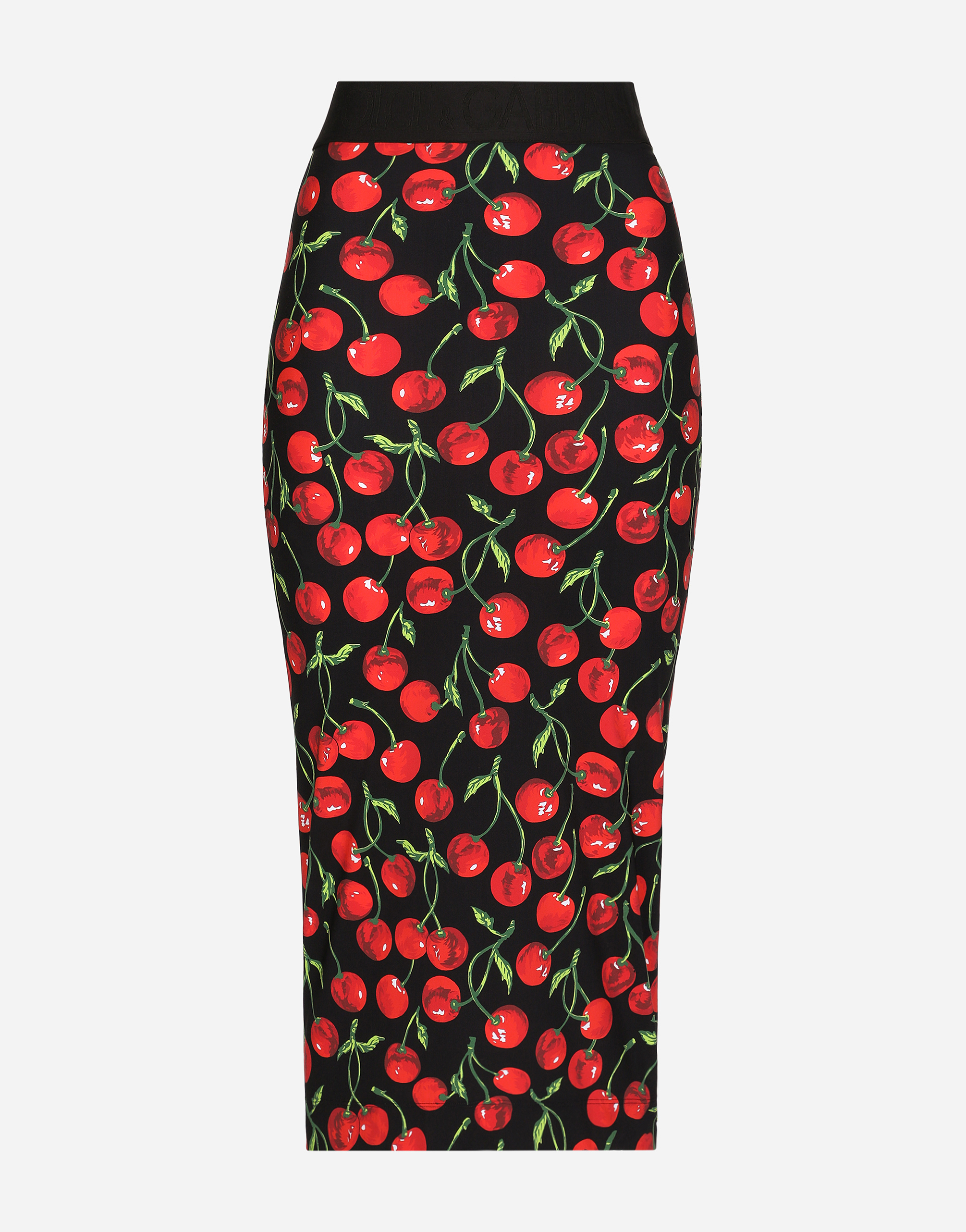 Dolce & Gabbana Technical Jersey Calf-length Skirt With Elasticated Band With Logo And Cherry Print In Multicolor