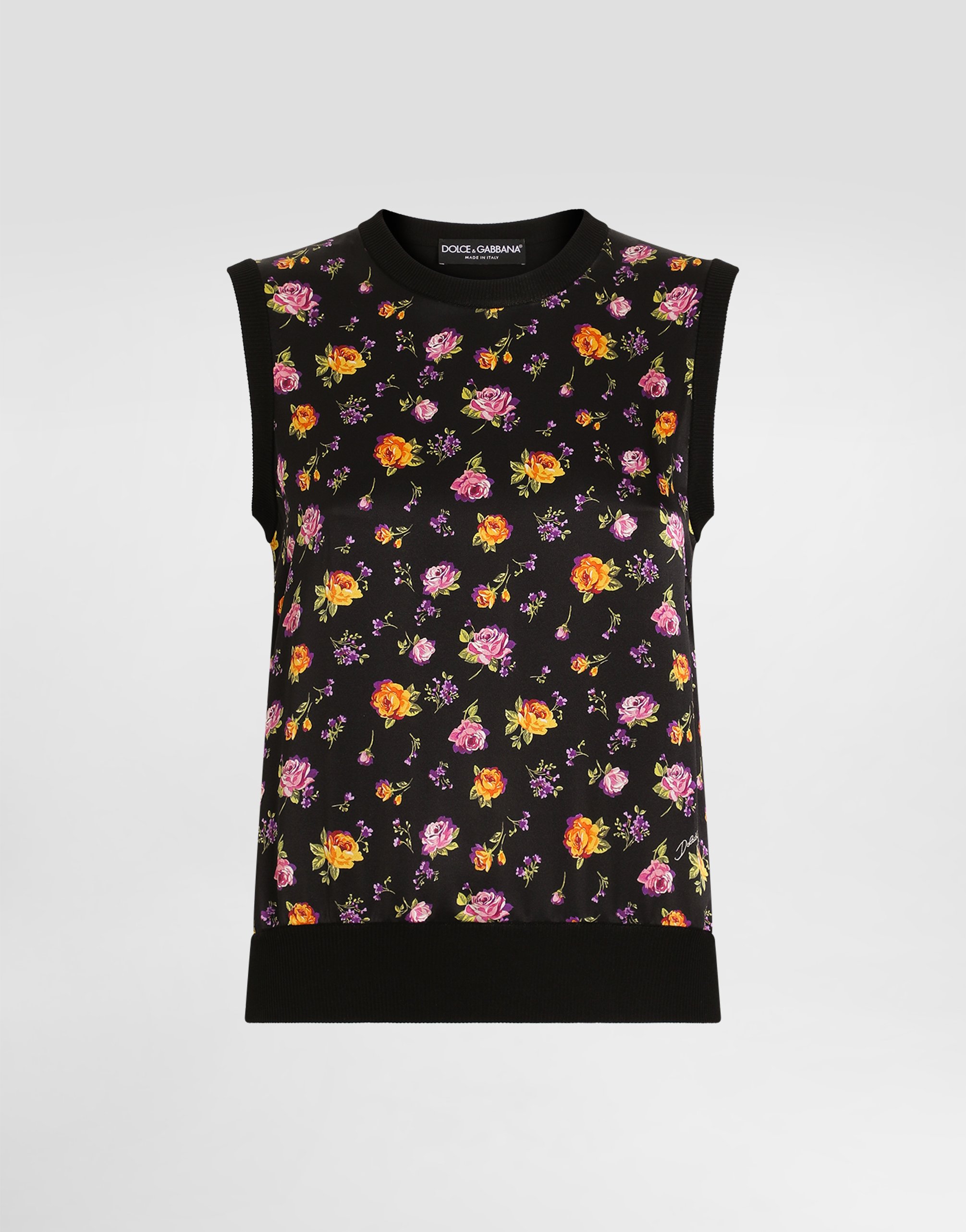 Dolce & Gabbana Small Rose Bouquets-print Silk Tank Top In Multi