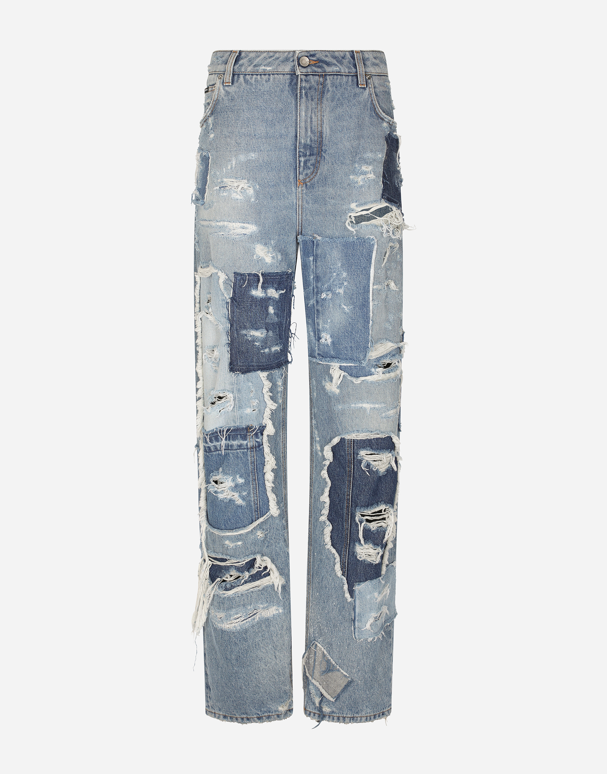 DOLCE & GABBANA PATCHWORK DENIM JEANS WITH RIPPED DETAILS