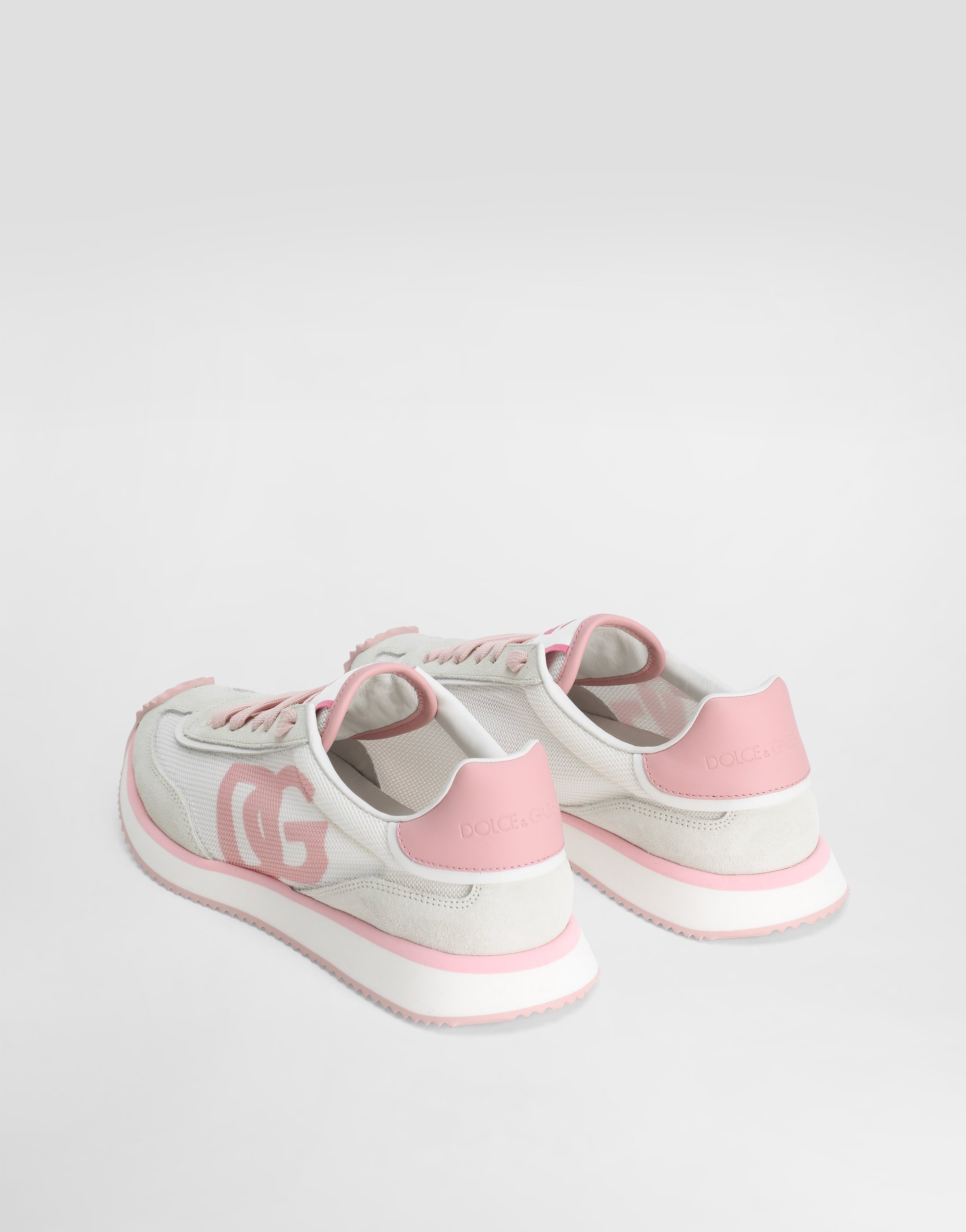 Dolce & Gabbana 'aria' Pink Running Sneakers With Logo Detail In Suede And Tech Fabric Woman In Bianco/rosa