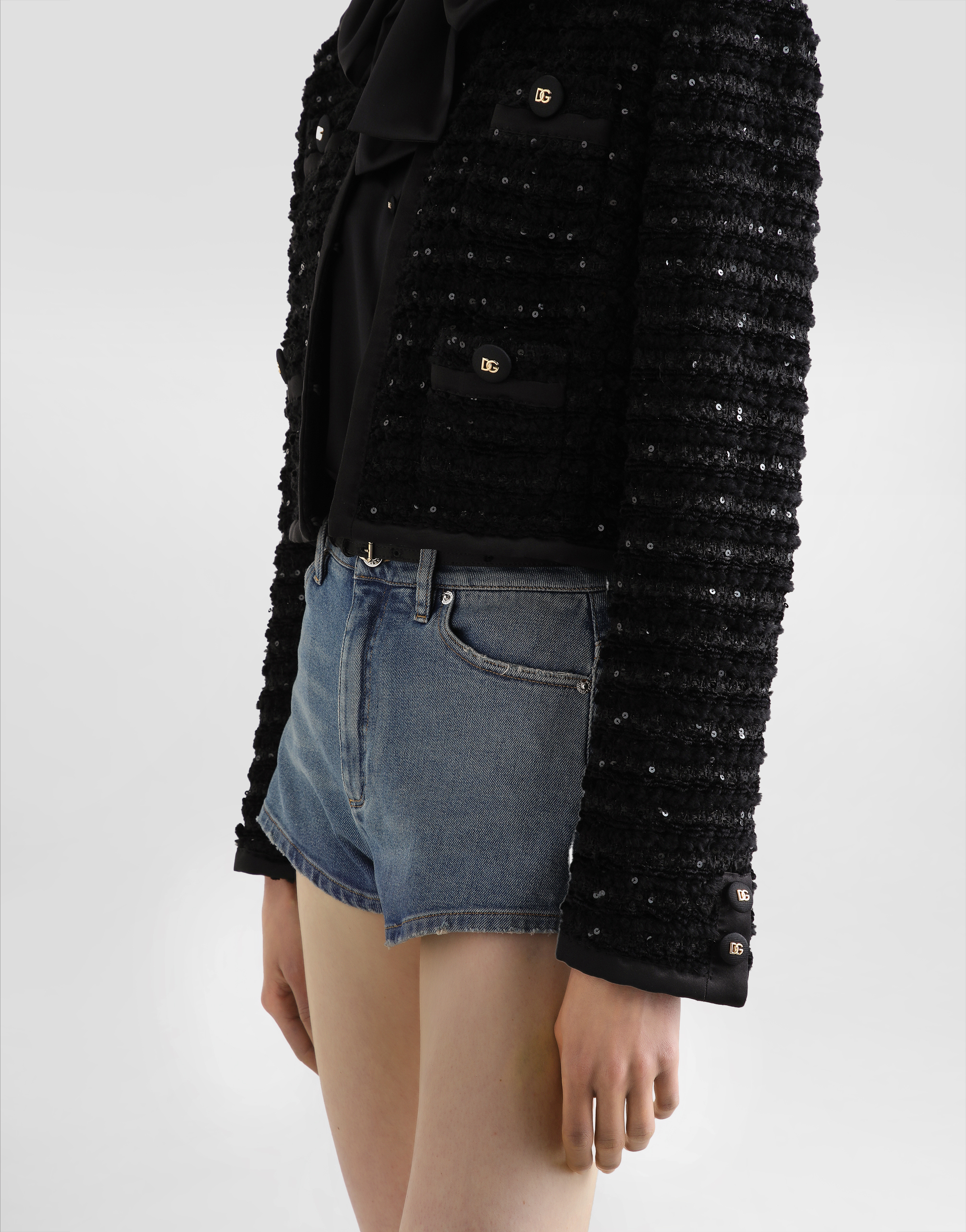 Dolce & Gabbana Short Single-breasted Tweed Jacket With Micro-sequin Embellishment In Black