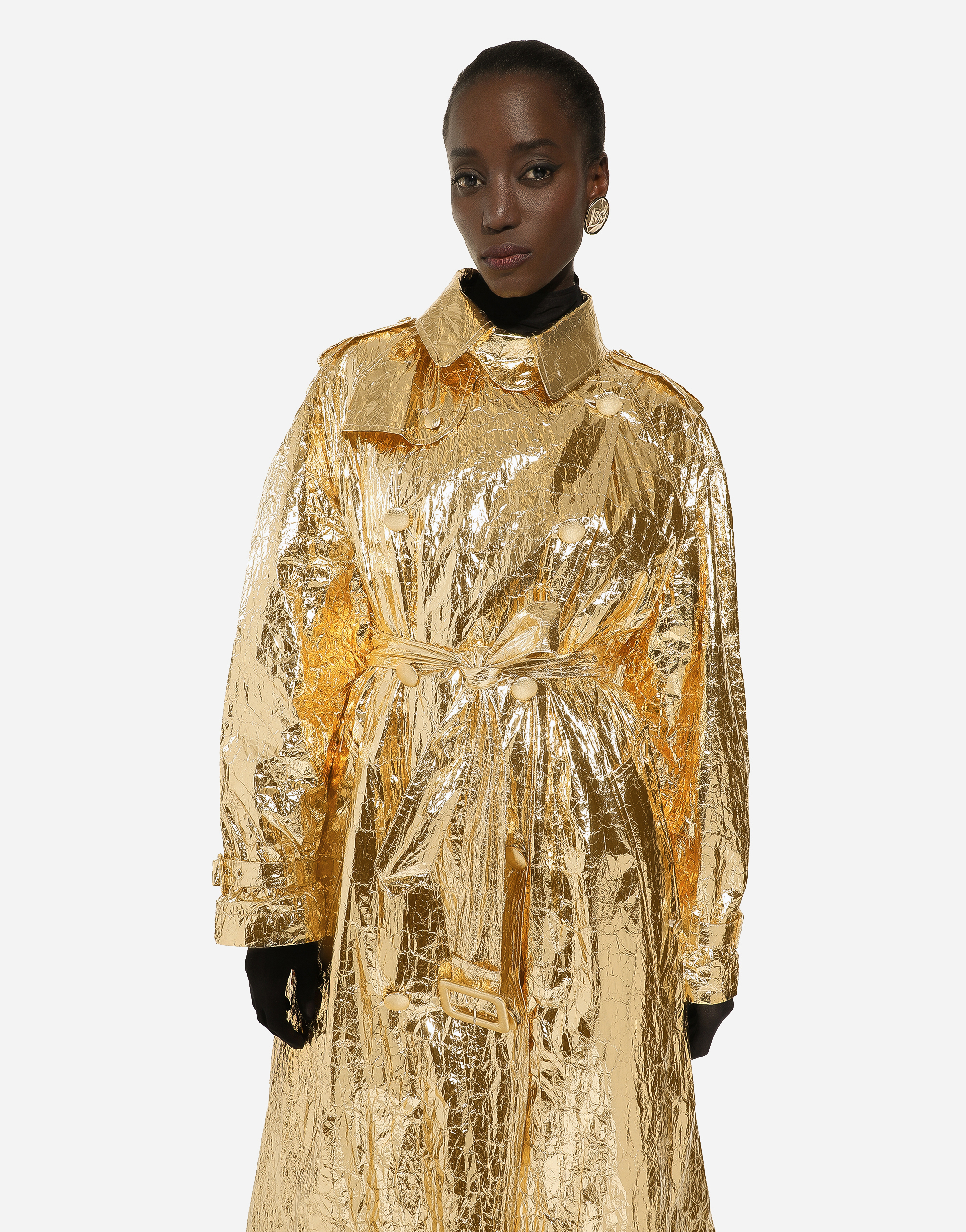 Shop Dolce & Gabbana Foiled Fabric Trench Coat In Gold