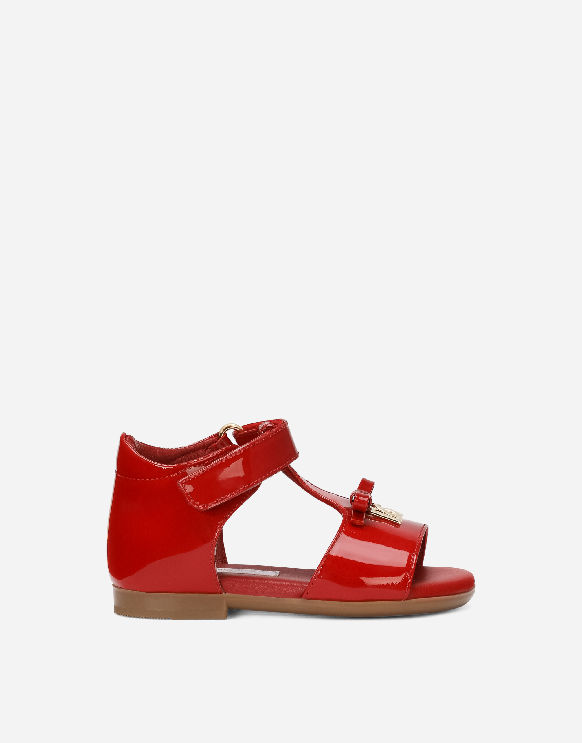 Dolce & Gabbana Kids' Patent Leather First Steps Sandals With Metal Dg Logo In Red