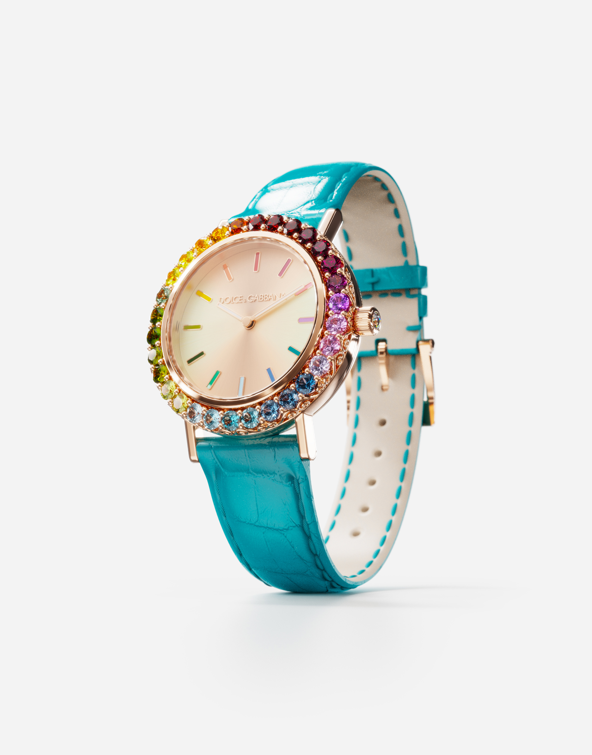 Dolce & Gabbana Iris Watch In Yellow Gold With Multi-colored Fine Gems In Turquoise