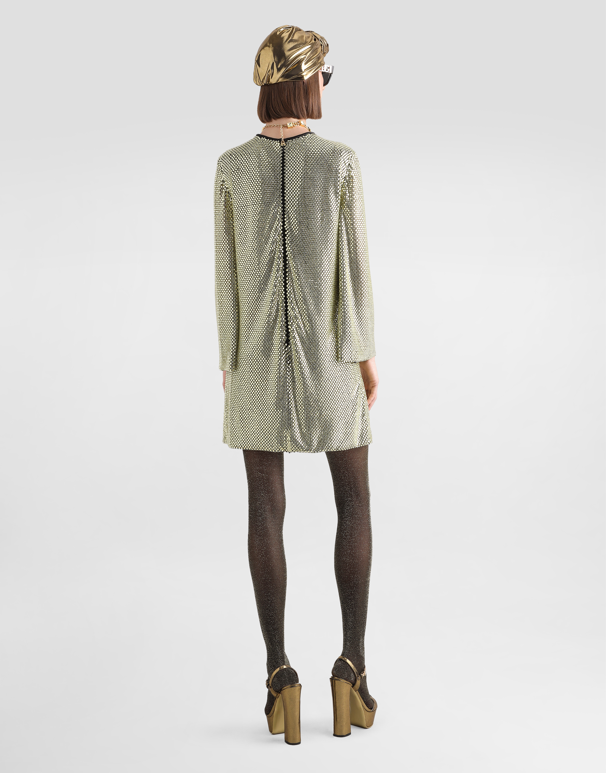 Dolce & Gabbana Short Long-sleeved Dress In Crystal Mesh In Oro