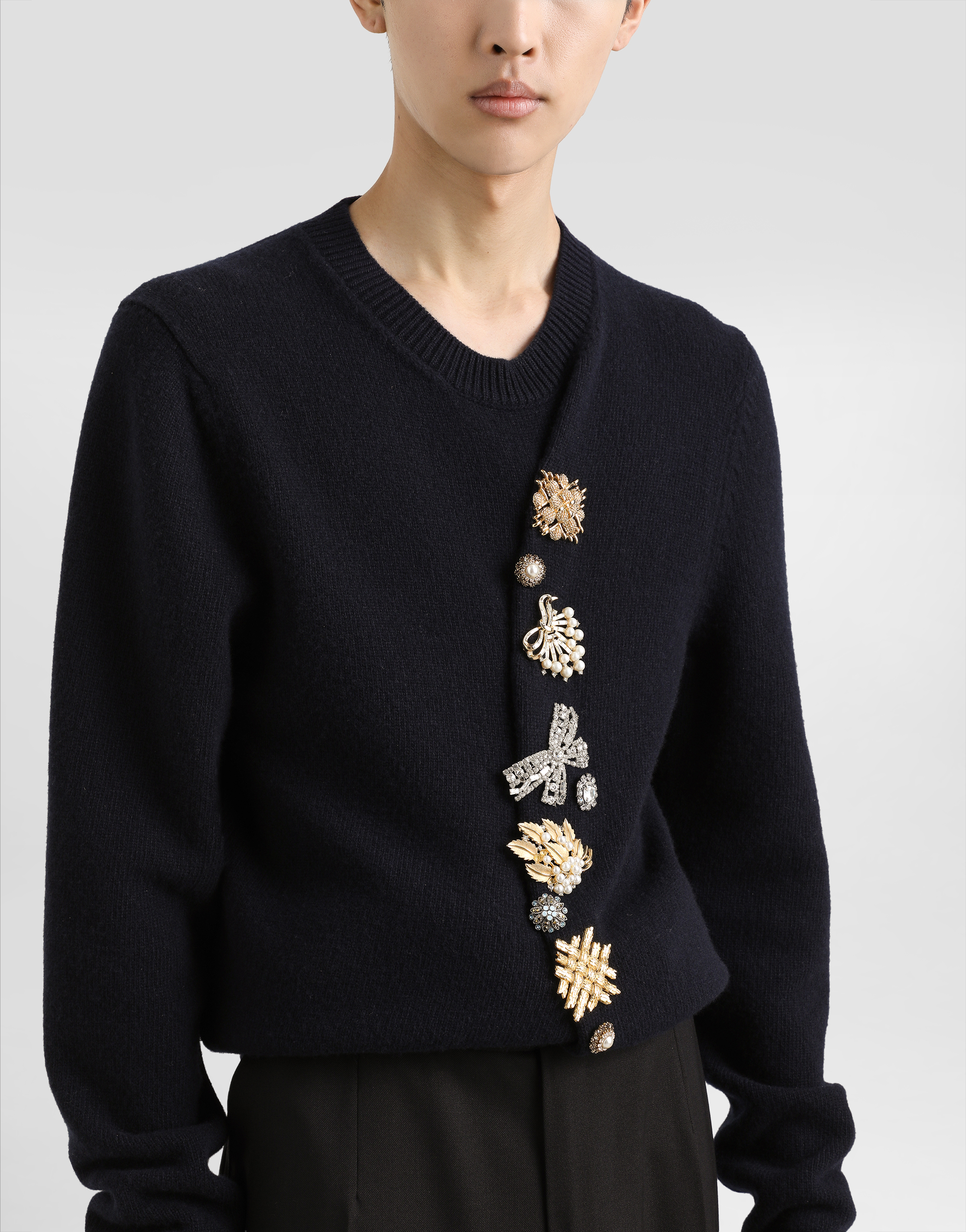 Dolce & Gabbana Wool Round-neck Sweater With Bejeweled Buttons In Blue
