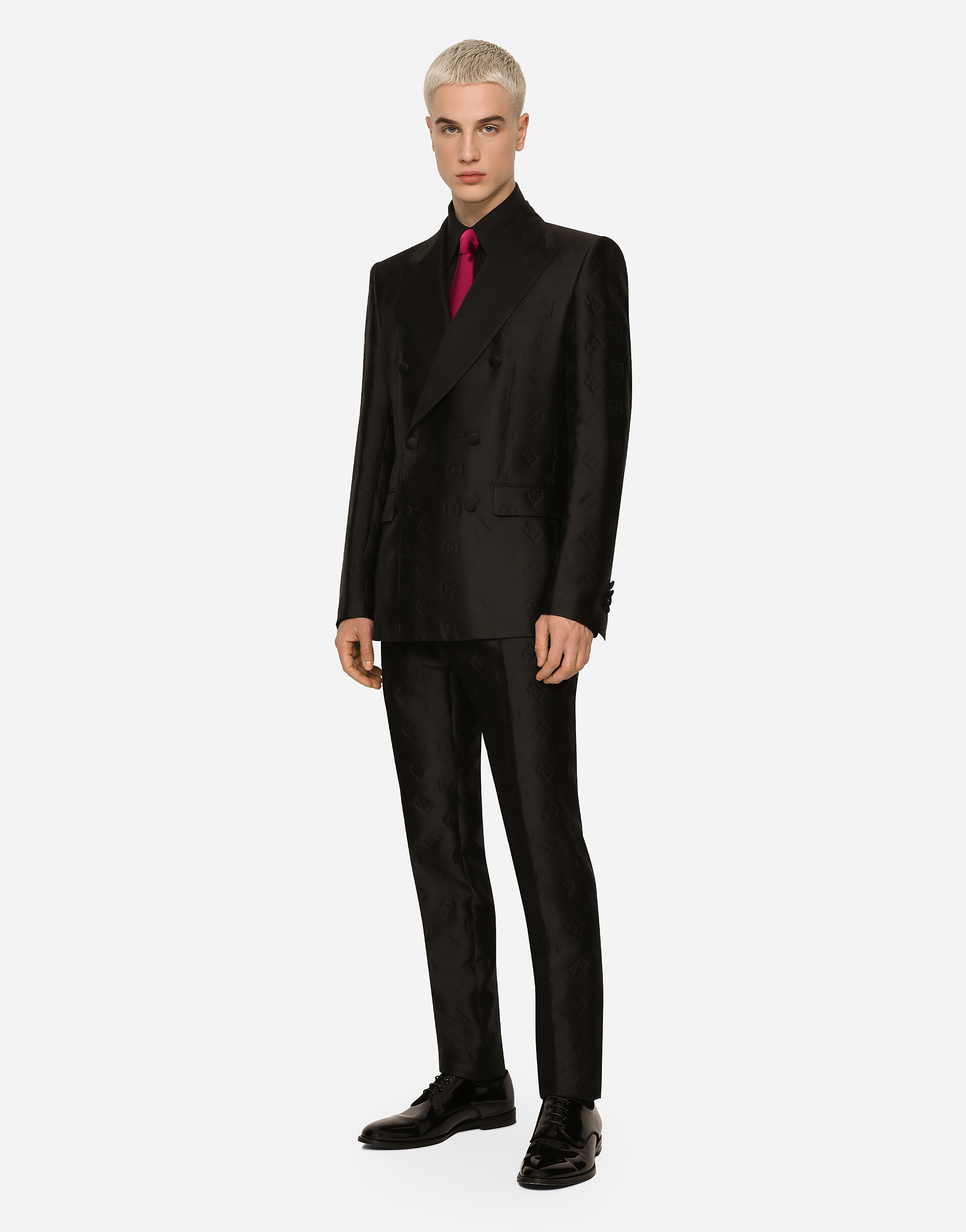 Shop Dolce & Gabbana Double-breasted Sicilia-fit Tuxedo Suit With Dg Monogram In Black