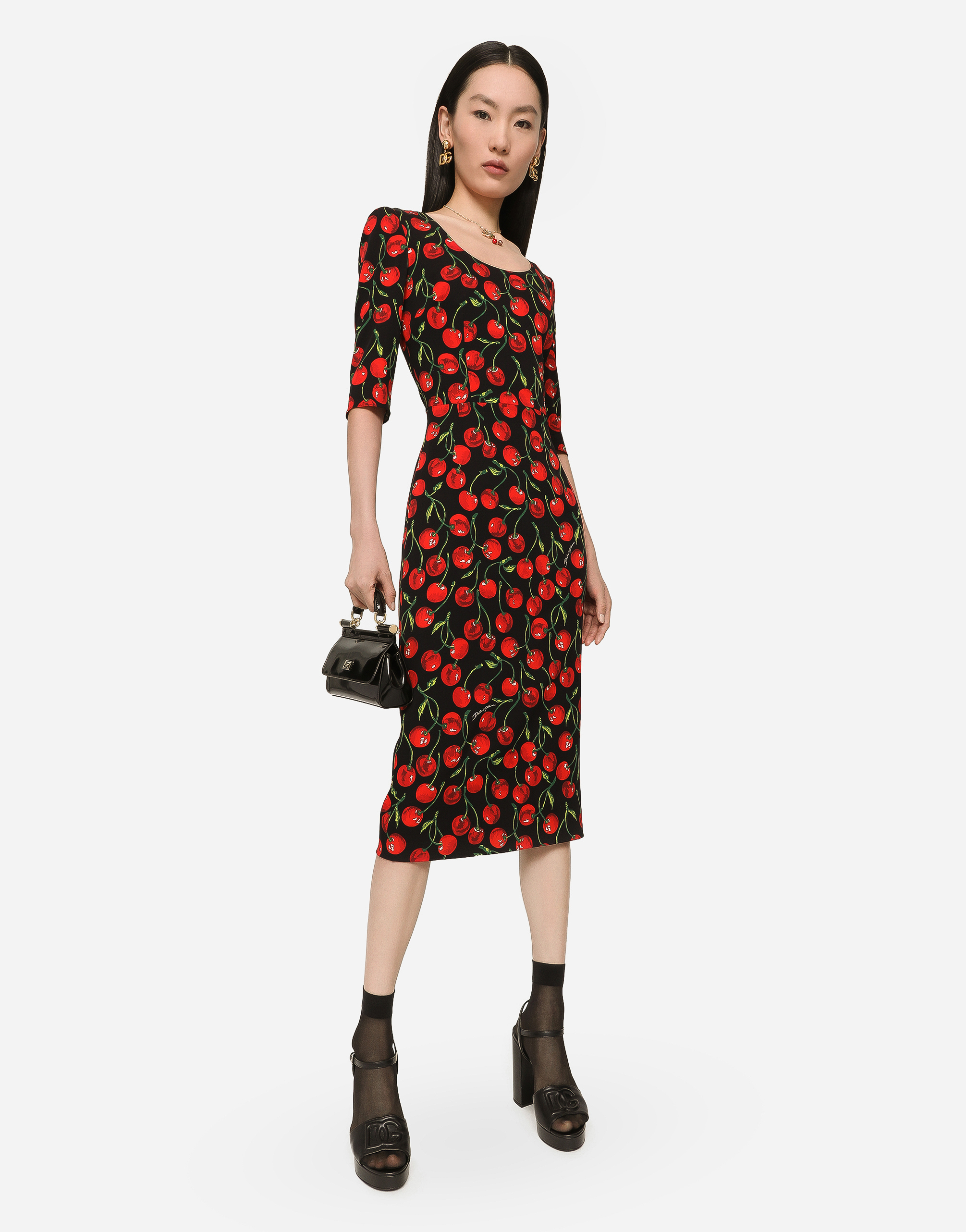 DOLCE & GABBANA CHERRY-PRINT CHARMEUSE CALF-LENGTH DRESS