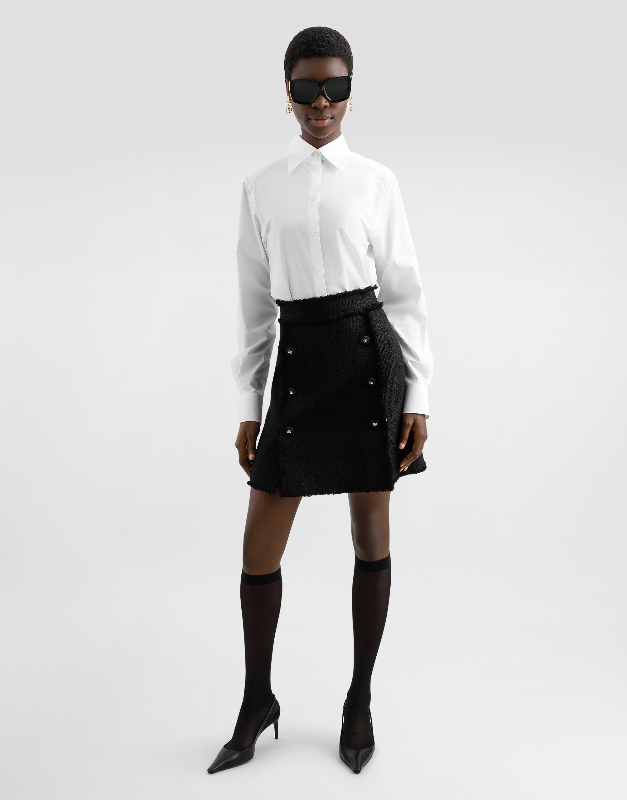 Dolce & Gabbana Short Raschel Tweed Skirt With Decorative Dg Logo Buttons In Black