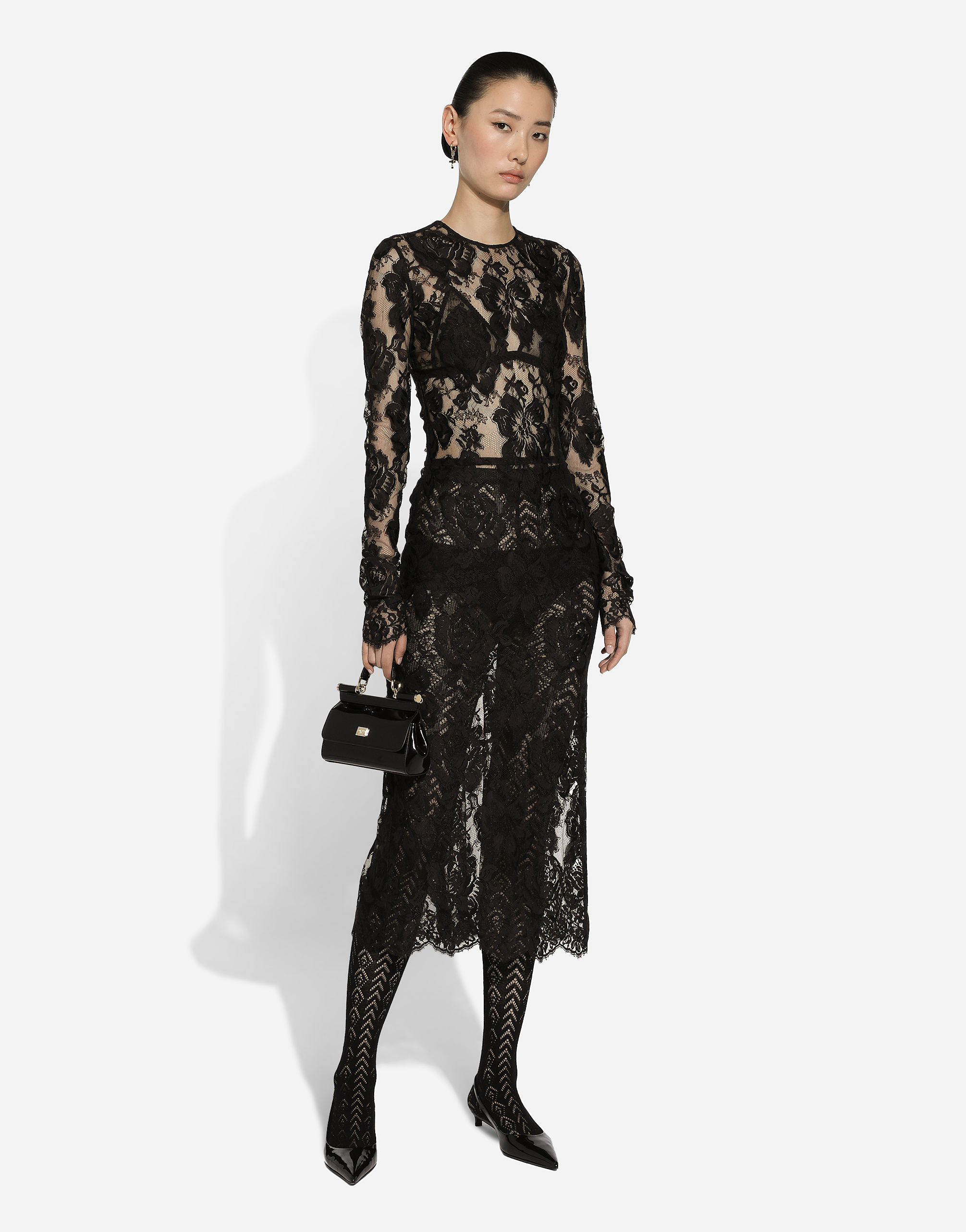 Calf-length floral lace dress