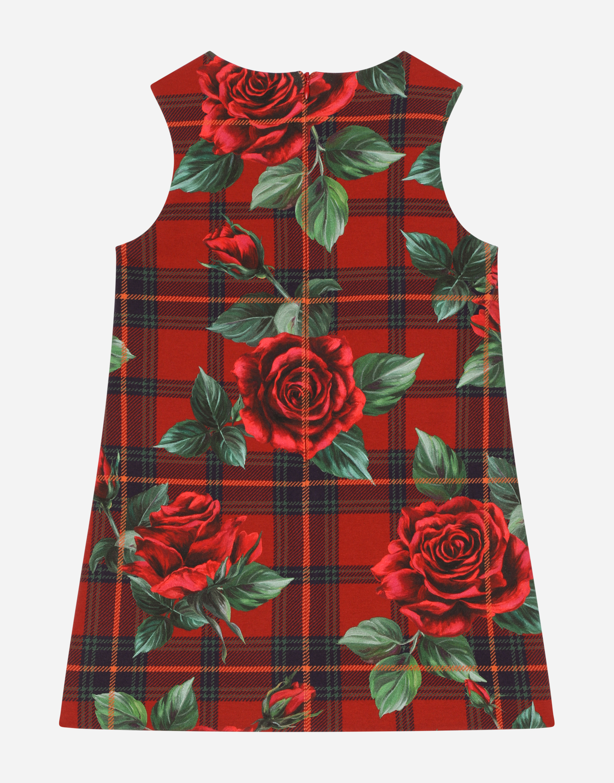 DOLCE & GABBANA SLEEVELESS DRESS WITH TARTAN AND ROSE PRINT