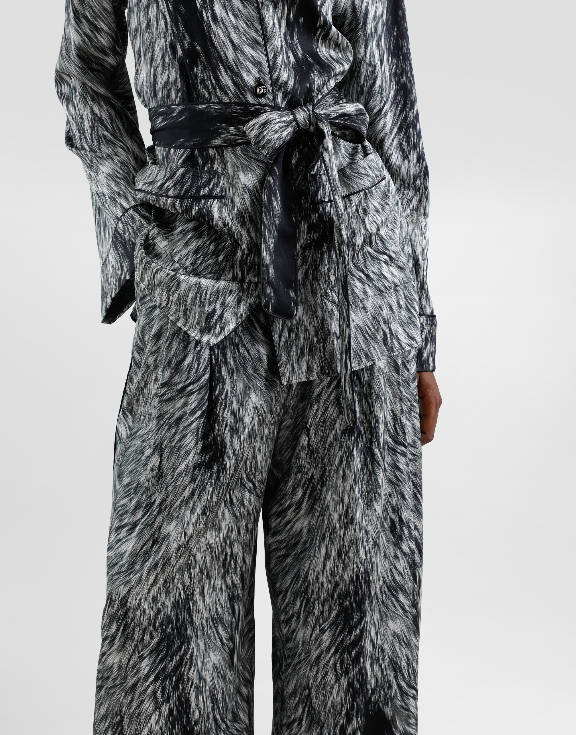 Dolce & Gabbana Silk Satin Pajama Pants With Fur Print In Grey