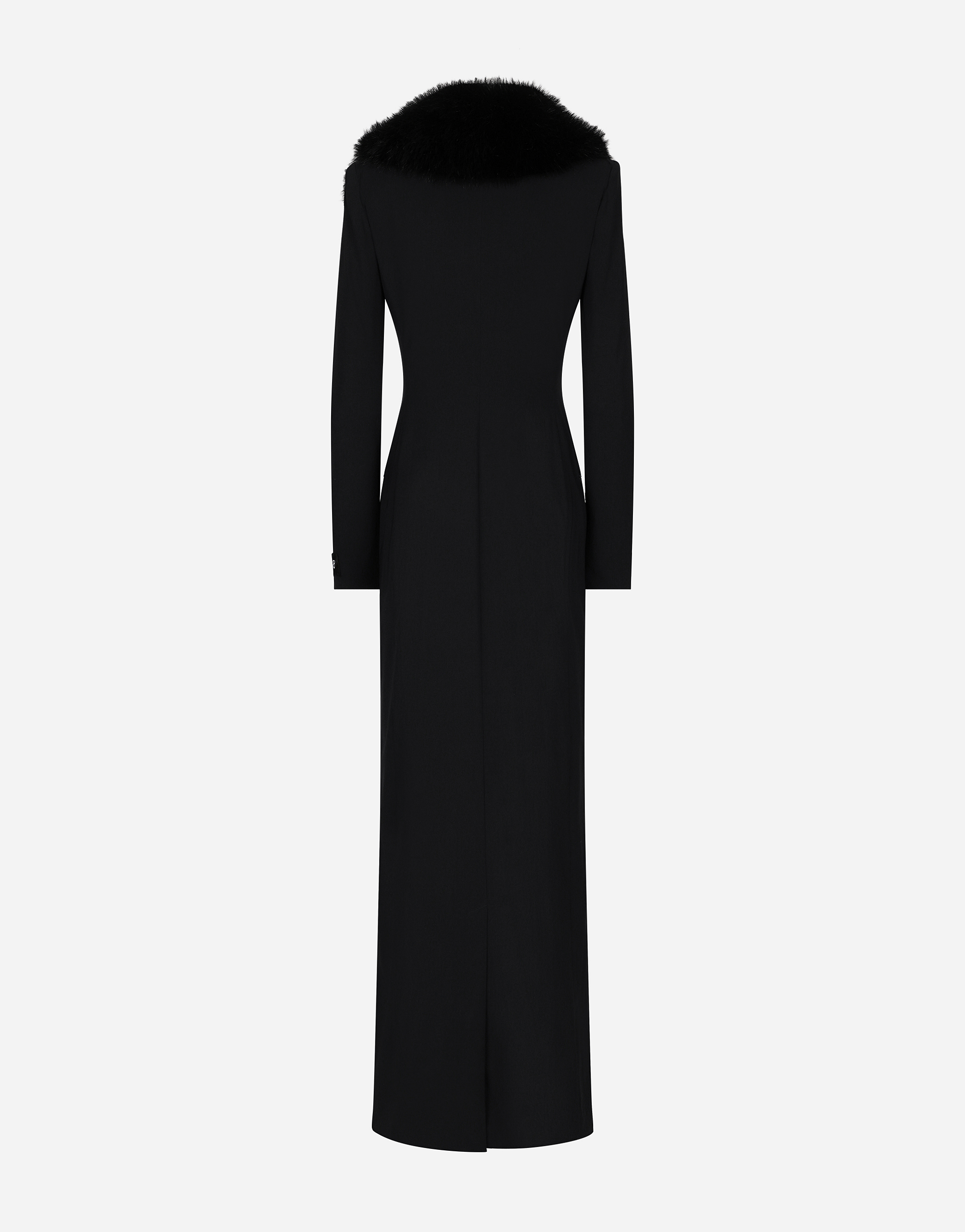 Shop Dolce & Gabbana Long Silk Georgette Coat With Faux Fur Collar In Black