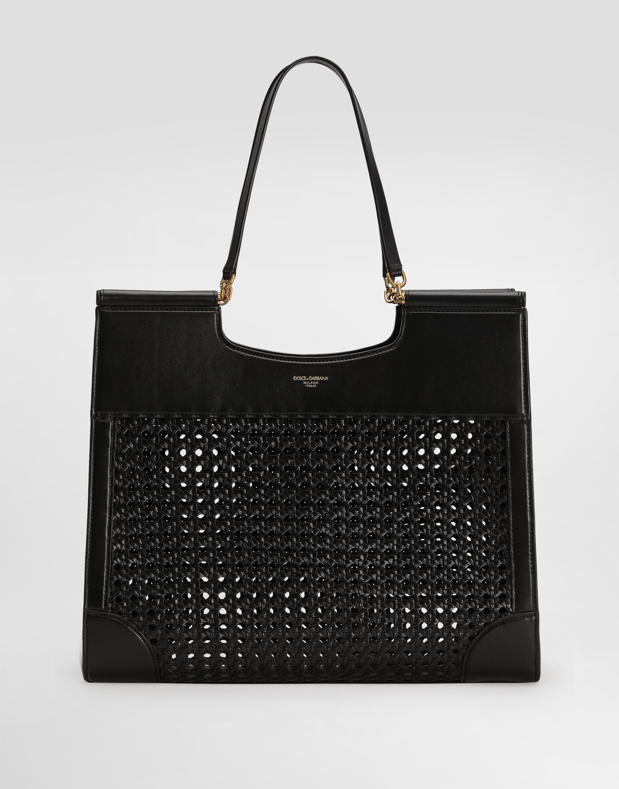 Dolce & Gabbana Shopping Sicily In Straw And Calfskin Weave In Black