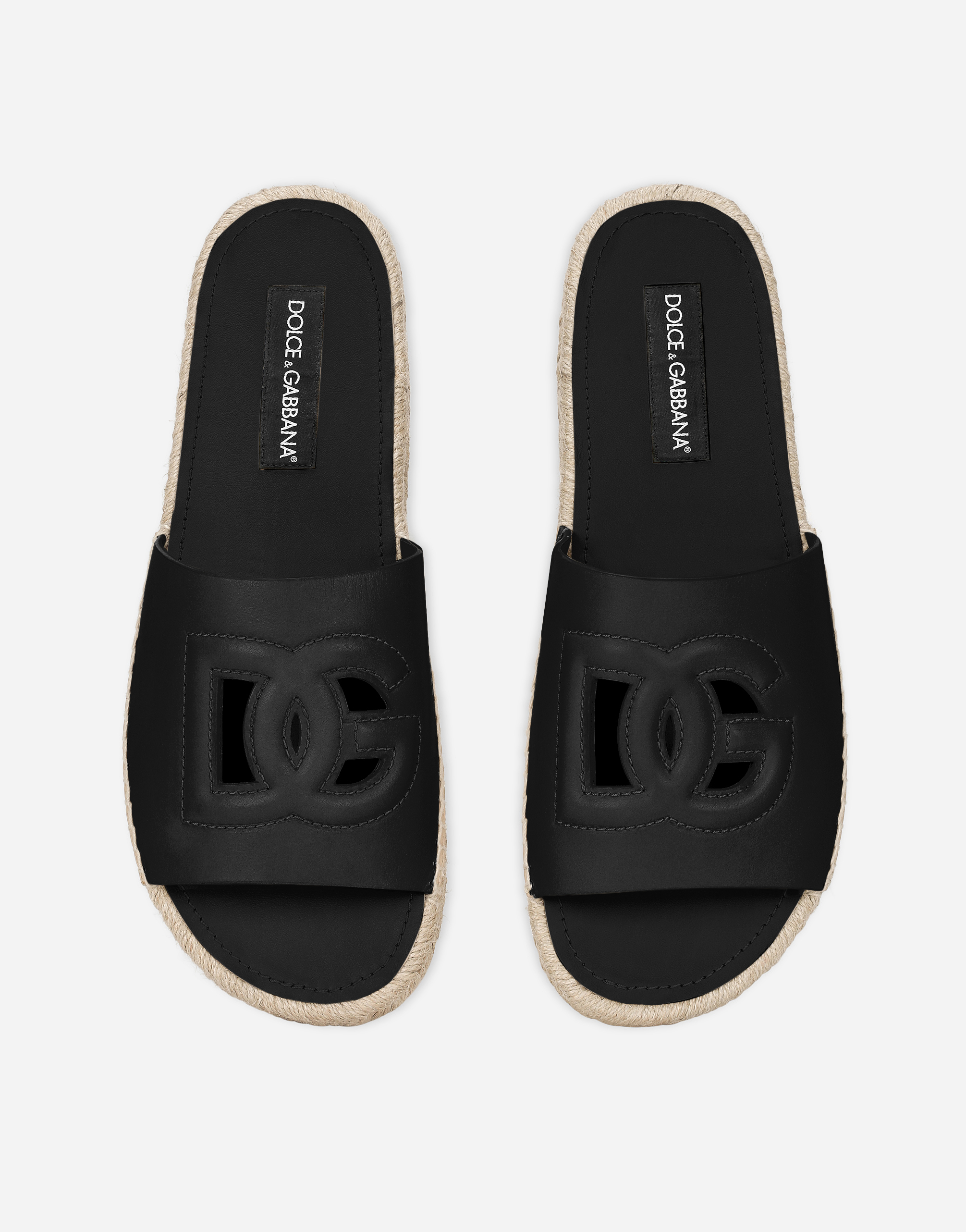 Shop Dolce & Gabbana Calfskin Espadrille Sliders In Black