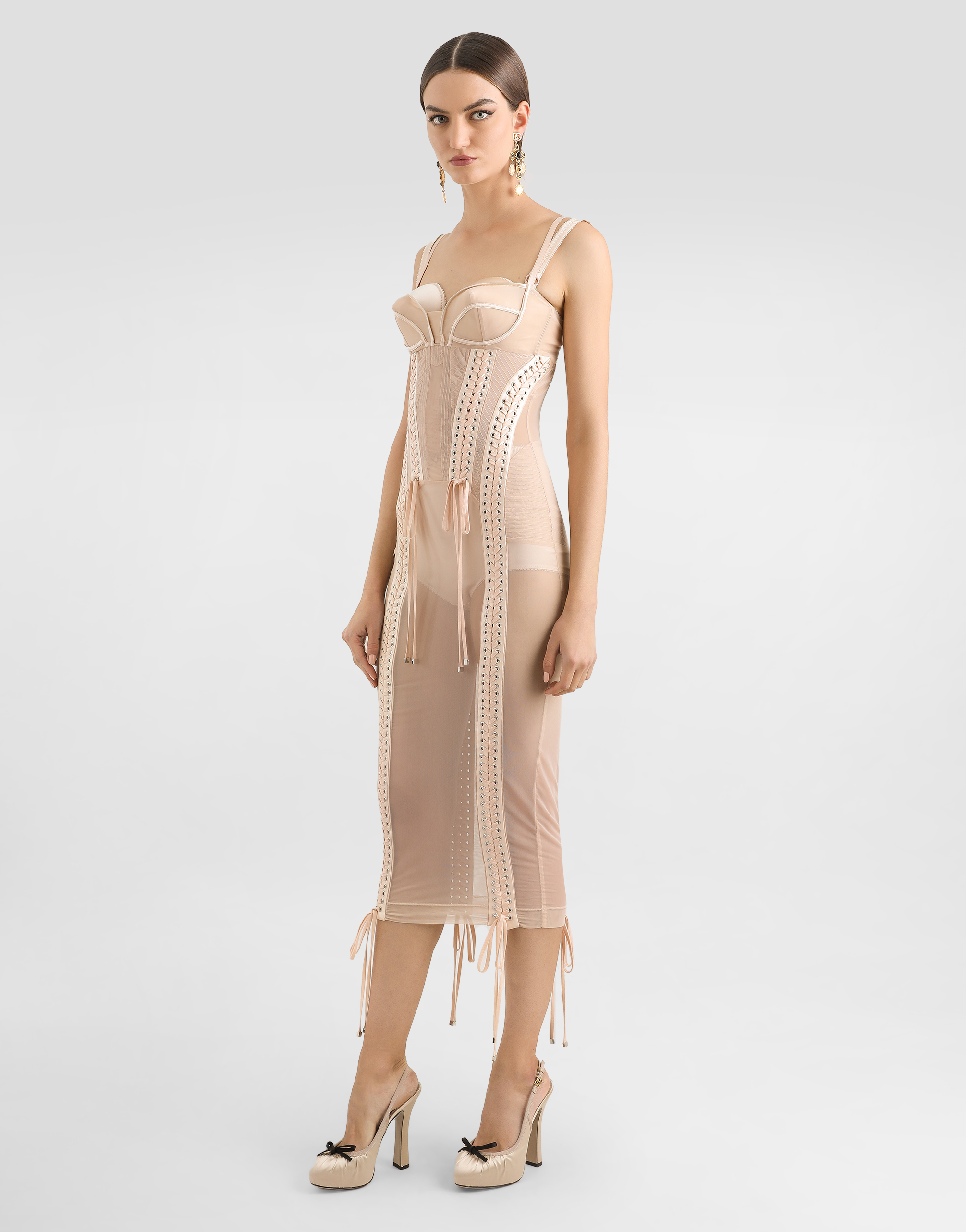 Dolce & Gabbana Light Tulle Calf-length Slip Dress With Corset Details In Pink