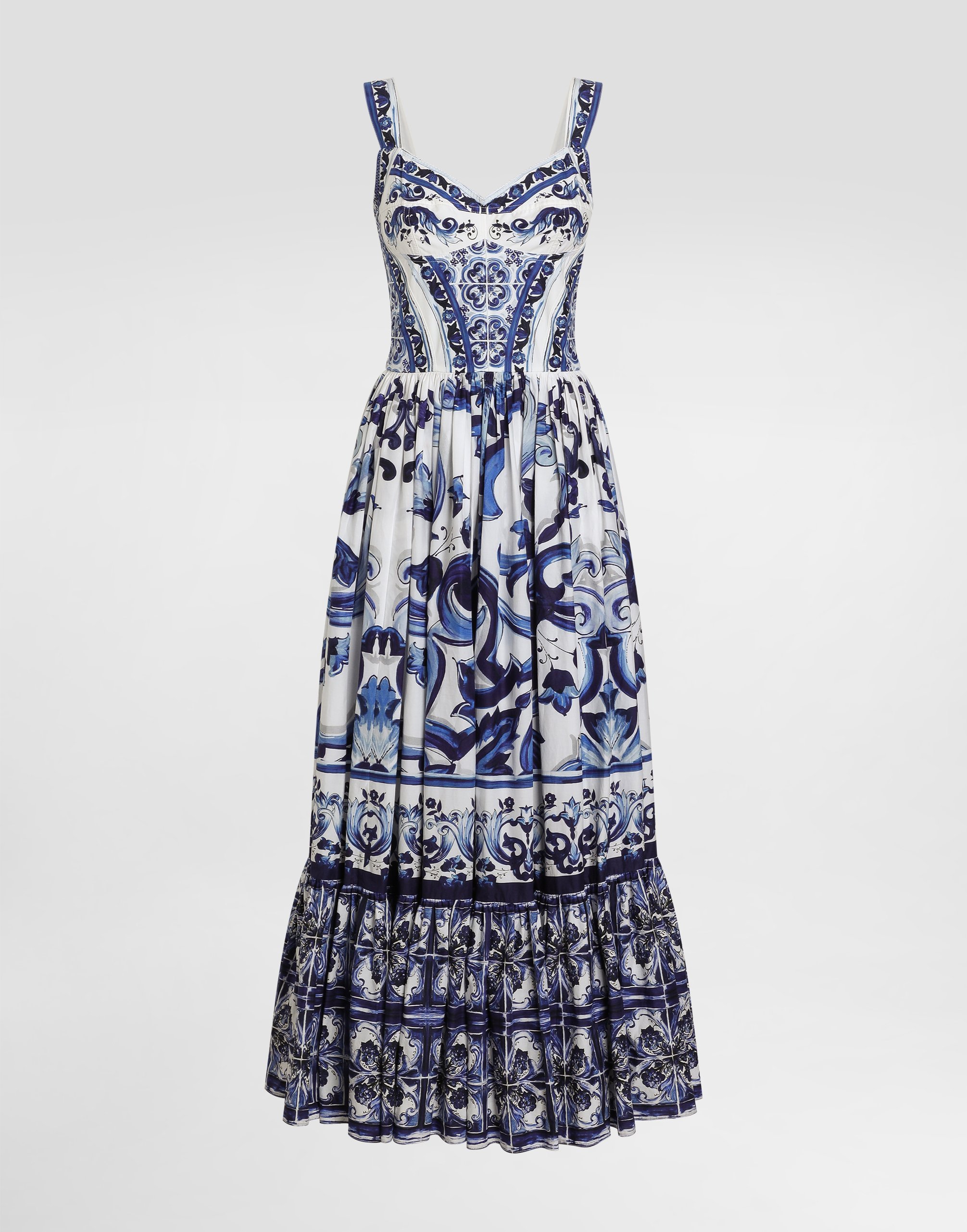 Calf-length bustier dress majolica-print poplin