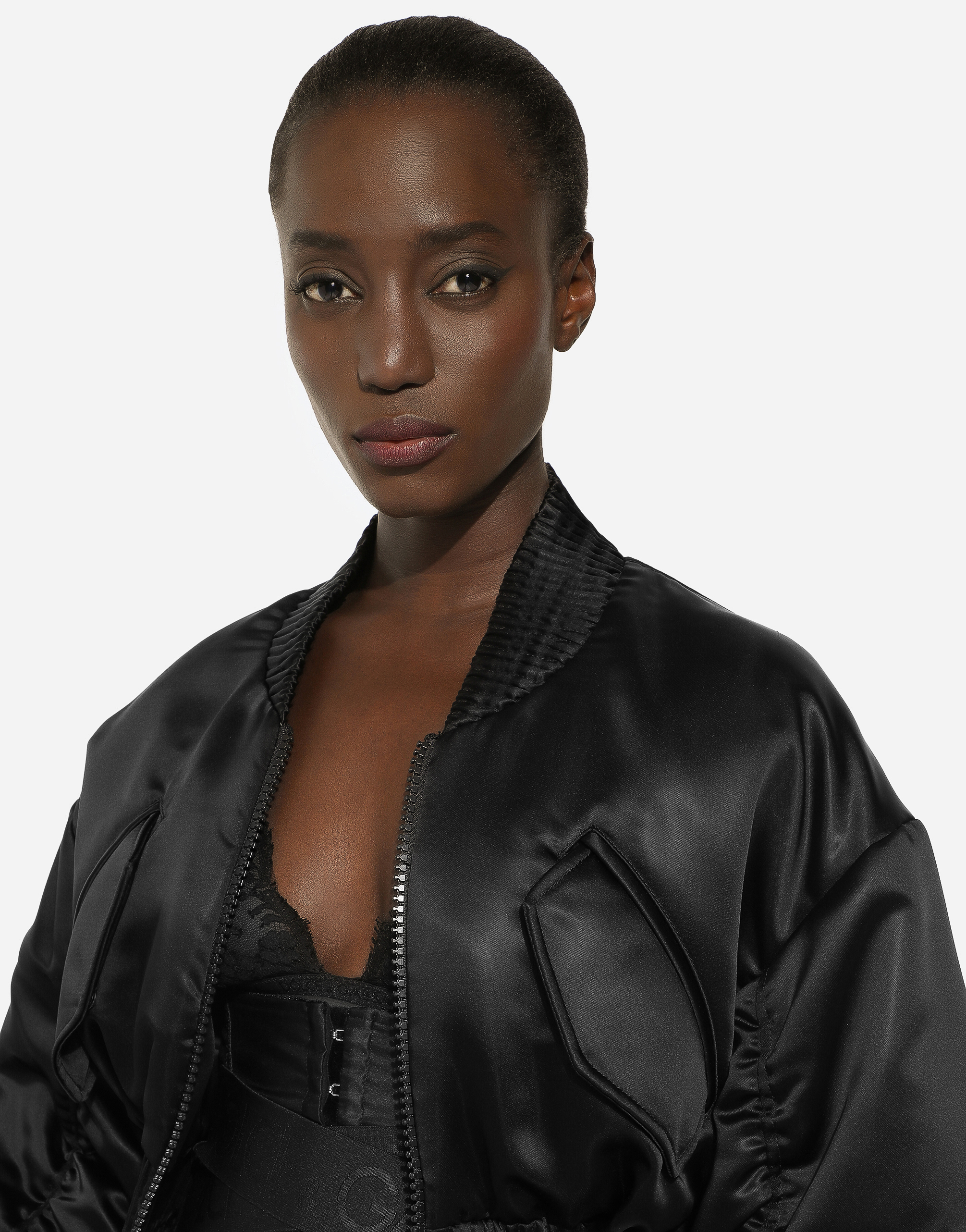Short duchesse bomber jacket with draped sleeves