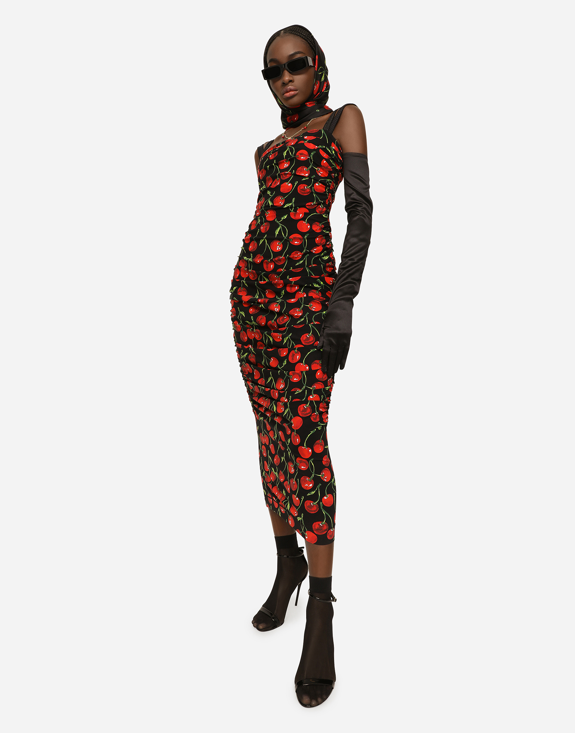 DOLCE & GABBANA CHERRY-PRINT JERSEY CALF-LENGTH DRESS WITH DRAPING