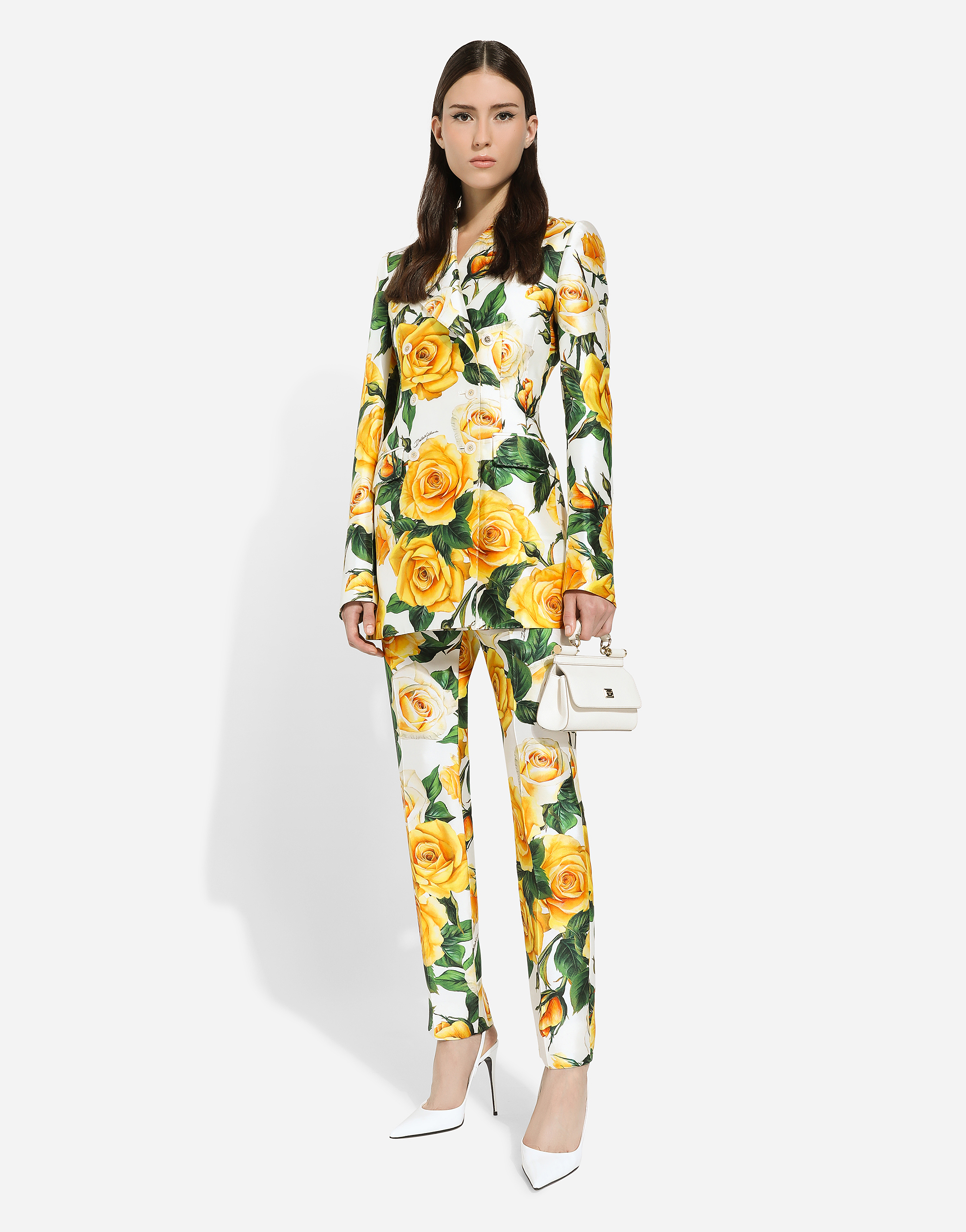 Shop Dolce & Gabbana Double-breasted Turlington Jacket In Yellow Rose-print Mikado