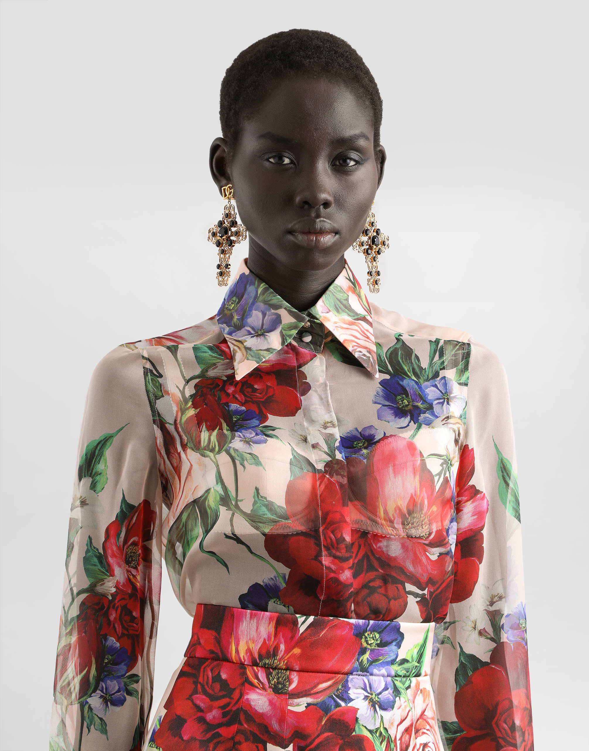 Shop Dolce & Gabbana Long-sleeved Floral-print Chiffon Shirt