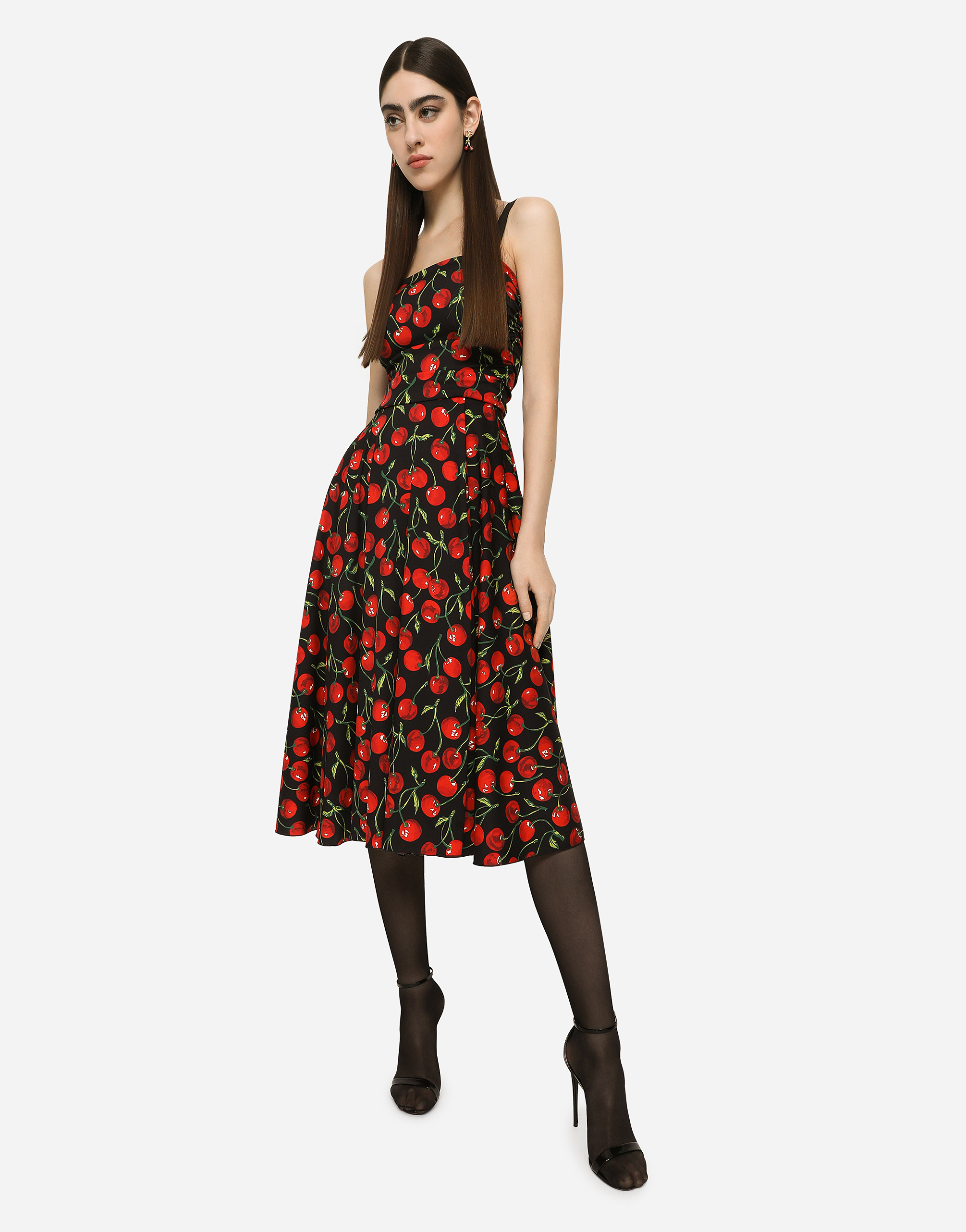 DOLCE & GABBANA CHERRY-PRINT CHARMEUSE CALF-LENGTH DRESS