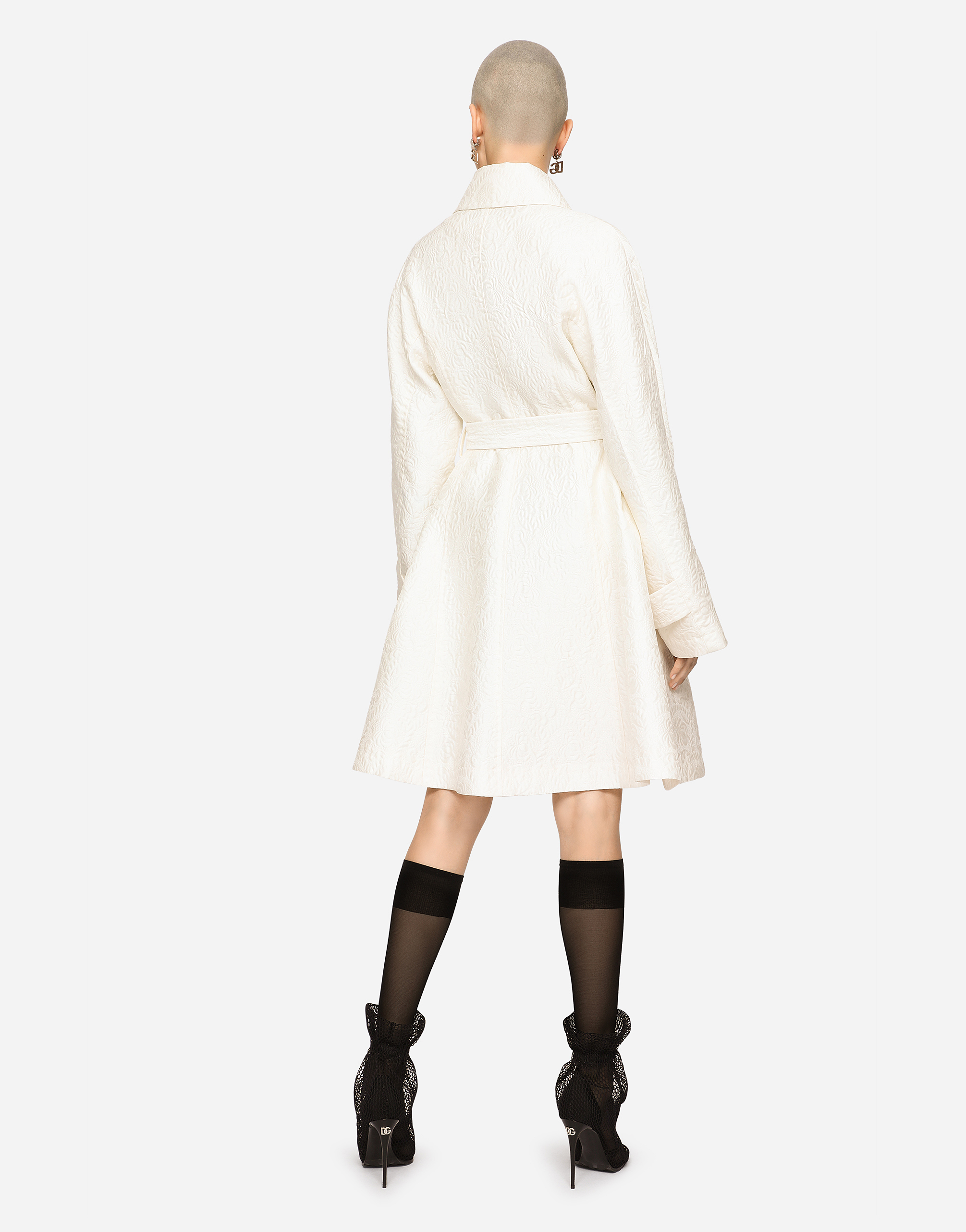 Belted floral jacquard coat