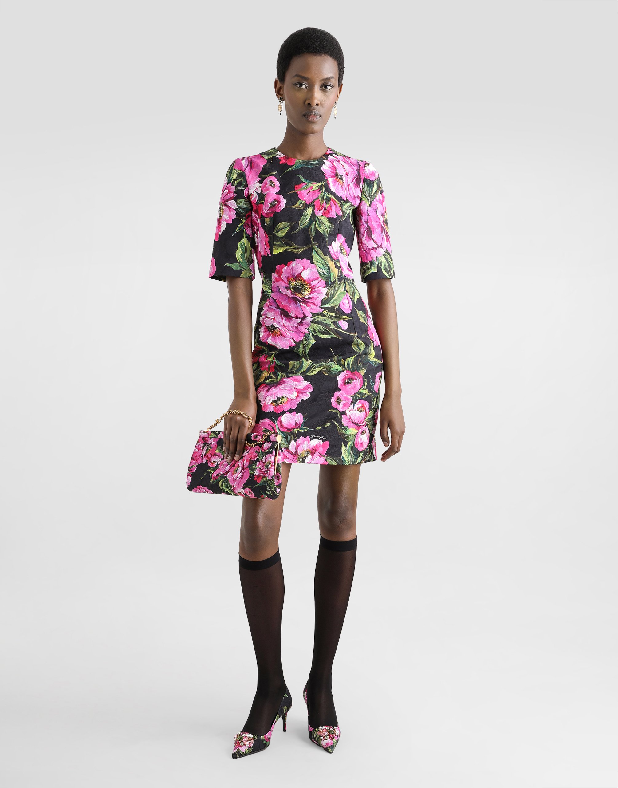 Dolce & Gabbana Black Floral Cotton Dress With Peonies In Print