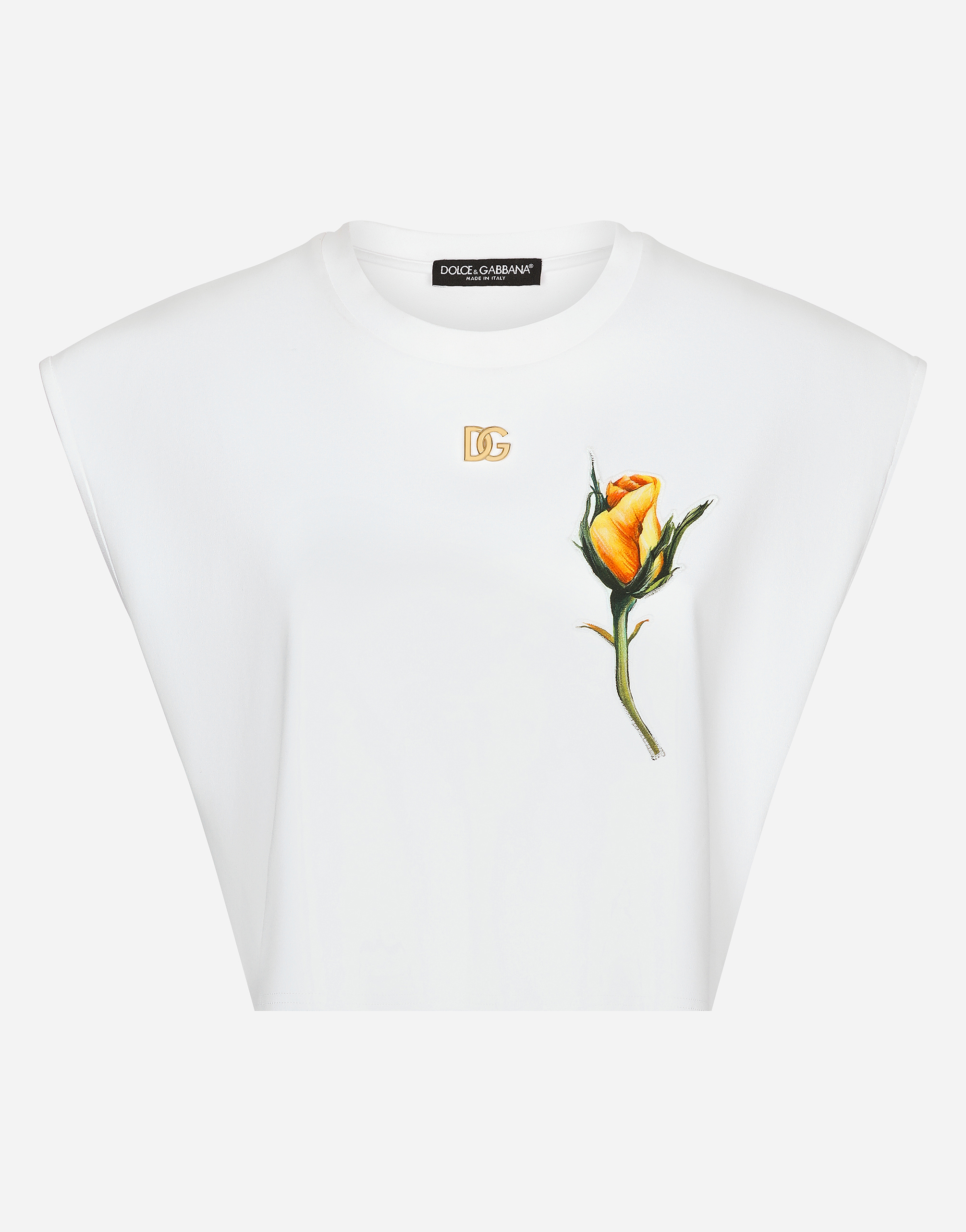Dolce & Gabbana Cropped Jersey T-shirt With Dg Logo And Rose-embroidered Patch In White