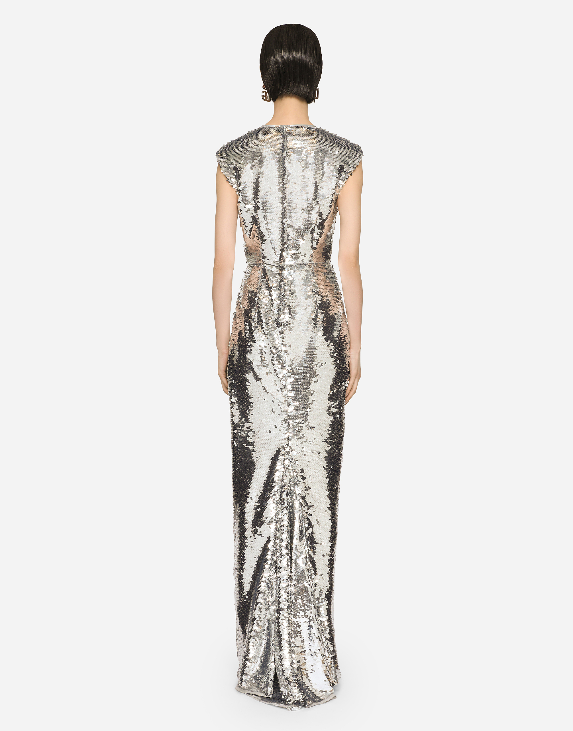 Shop Dolce & Gabbana Long Sequined Dress With Draping In Silver