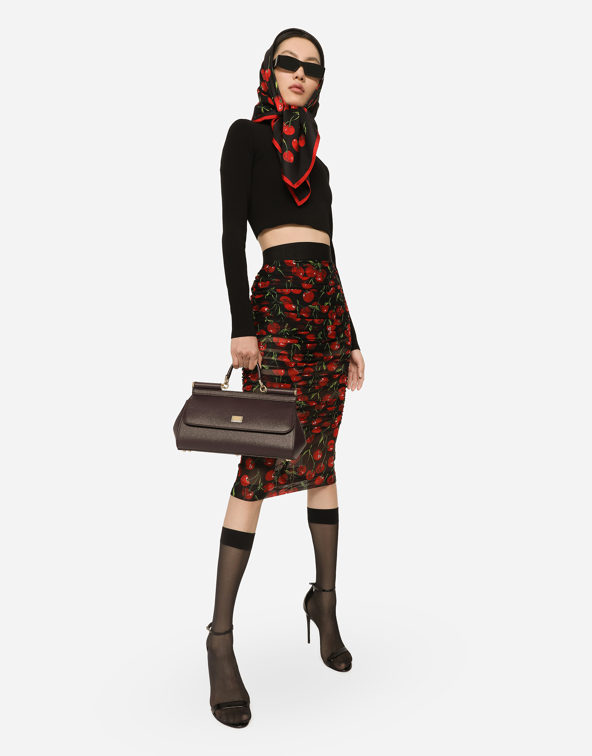 DOLCE & GABBANA CHERRY-PRINT TULLE MIDI SKIRT WITH BRANDED ELASTIC AND DRAPING