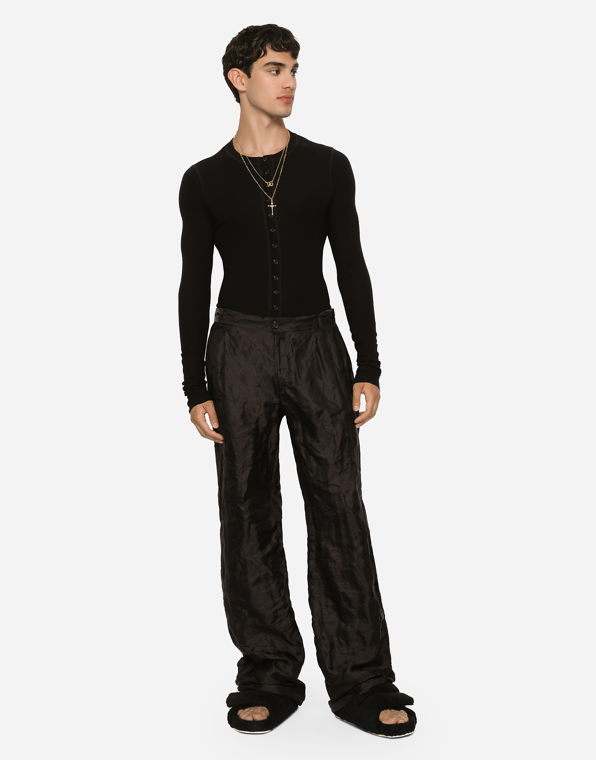 DOLCE & GABBANA TAILORED STRAIGHT-LEG PANTS IN METALLIC TECHNICAL FABRIC AND SILK
